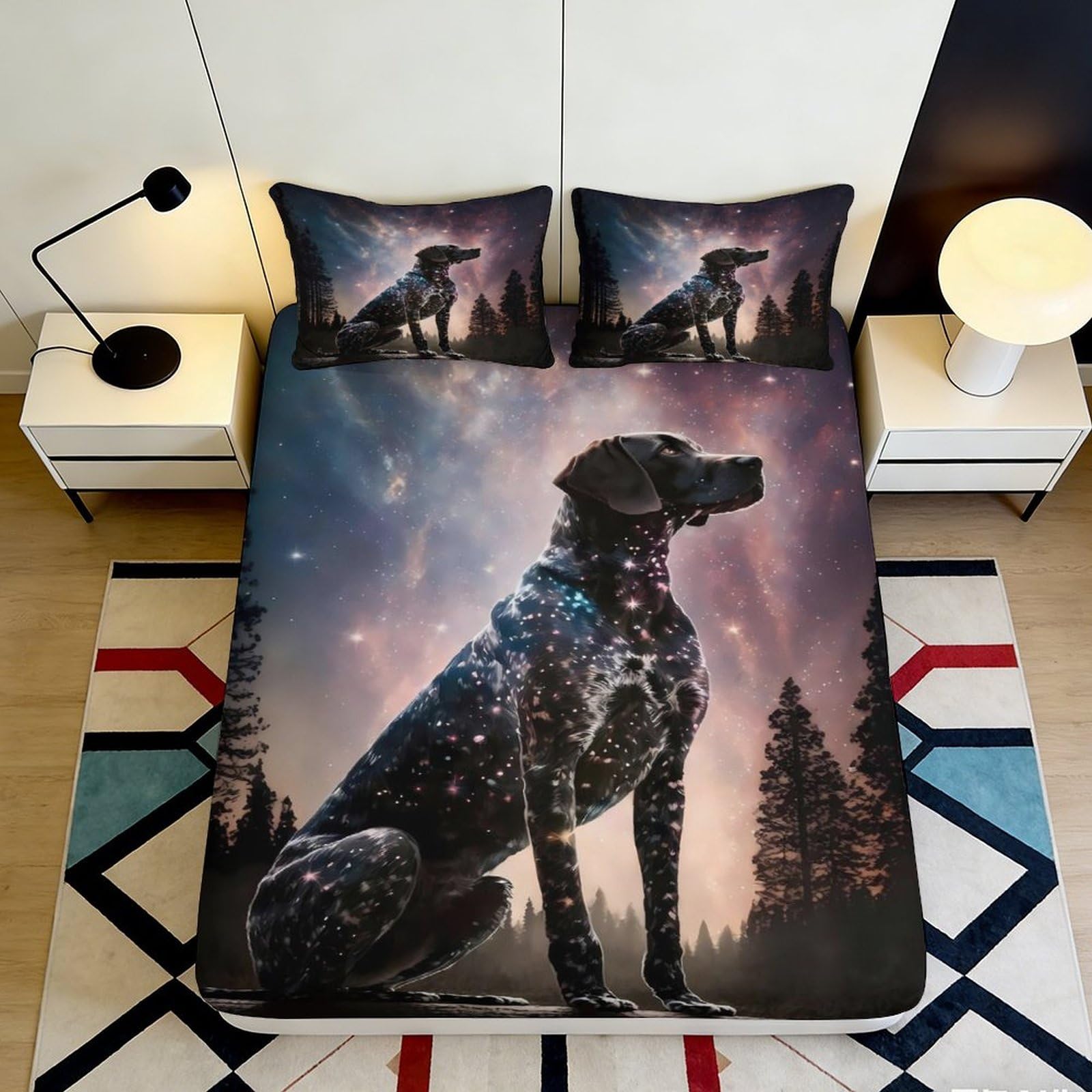 Uynsixtme Style-4 3D Printed Starry Dog Fitted Sheet Microfiber Deep Pocket Star Night Mattress Fitted Cover Non-Slip Bedding 140X200x25cm