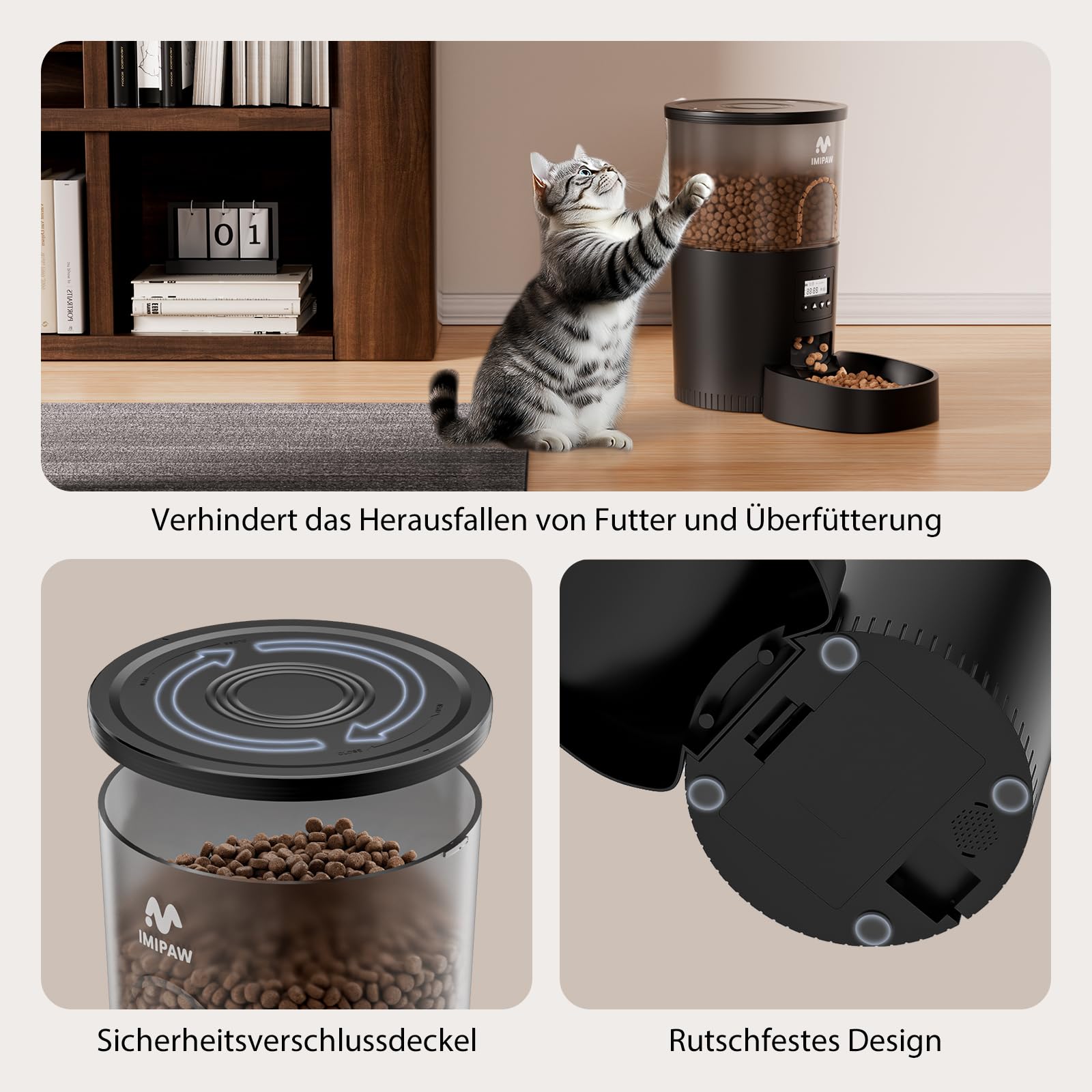 IMIPAW Futterautomat Katze, Katzenfutter Automat mit Programmierbarem Timer, Einfache Bedienung, 1-6 Mahlzeiten pro Tag, Futterspender für Katzen und Hunde (Schwarz, 3L)
