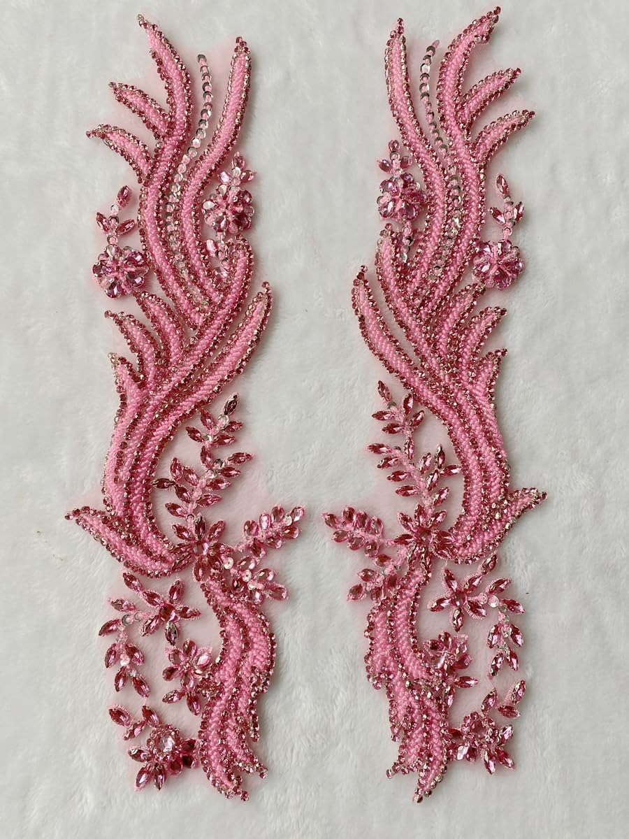 Handmade Rhinestones lace Appliques sew on Beads Trim Patches for Dress Clothing Accessories 1Pair/Bag 5.5X20.4inches (Pink)