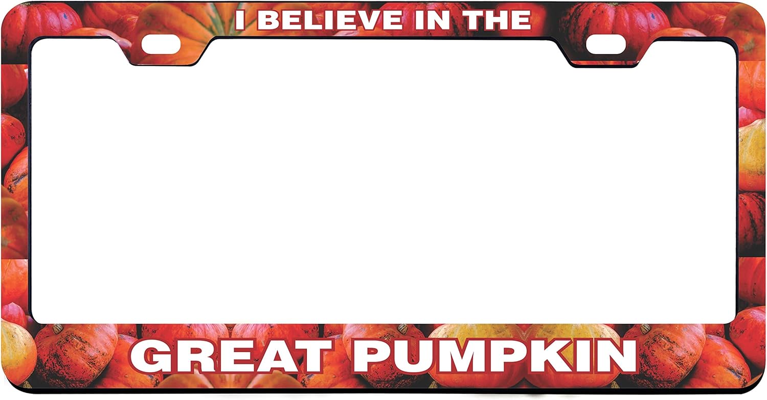Printtoo Black I Believe in The Great Pumpkin License Plate Frame 2 Holes Stainless Steel Vinyl Cut Letters Frame-12 x 6 Inches