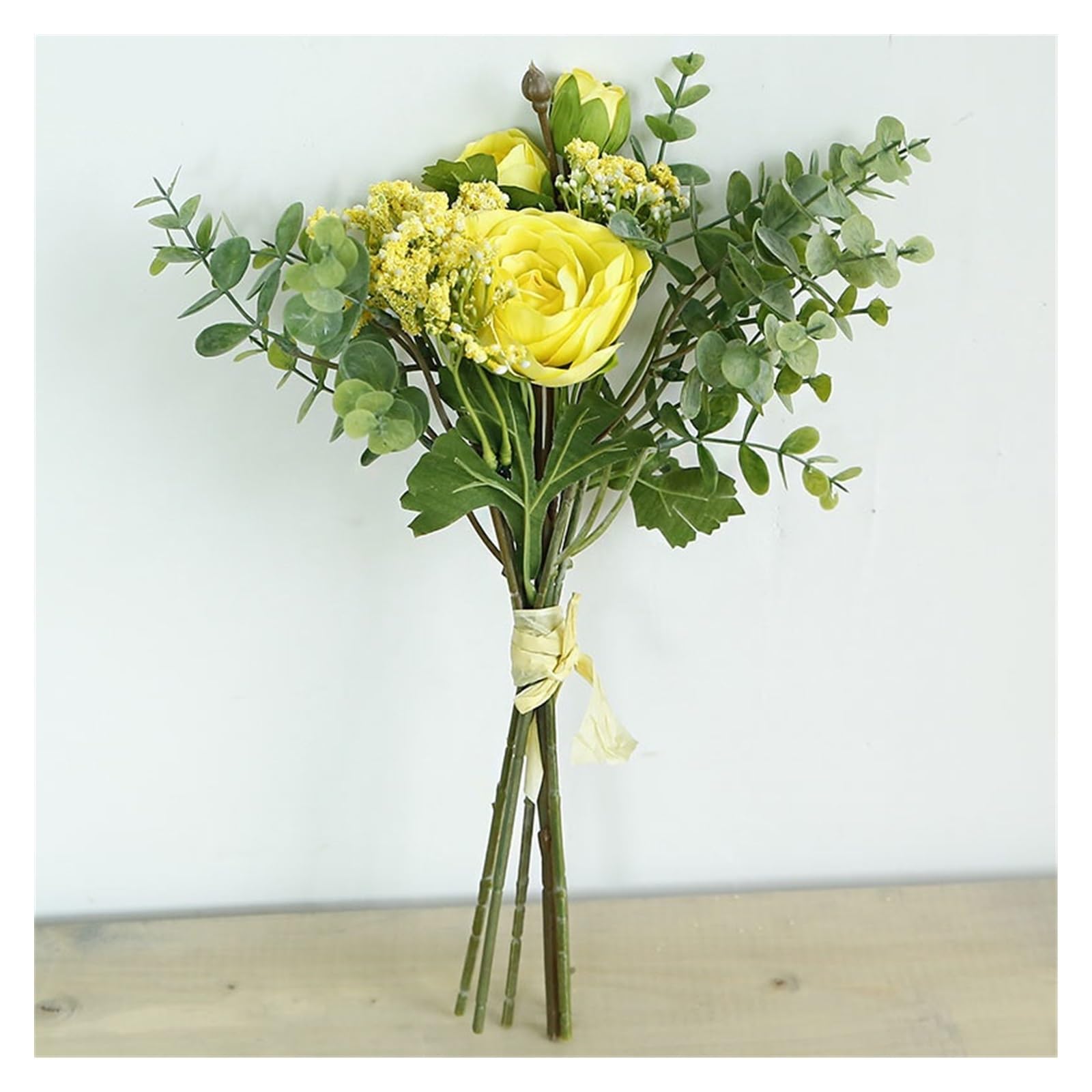 HJRegaFimu Artificial Flowers Wedding Bouquets Bridal Bridesmaids Rayon Ruffles Roses Eucalyptus Leaves Breath Home Decoration Pink