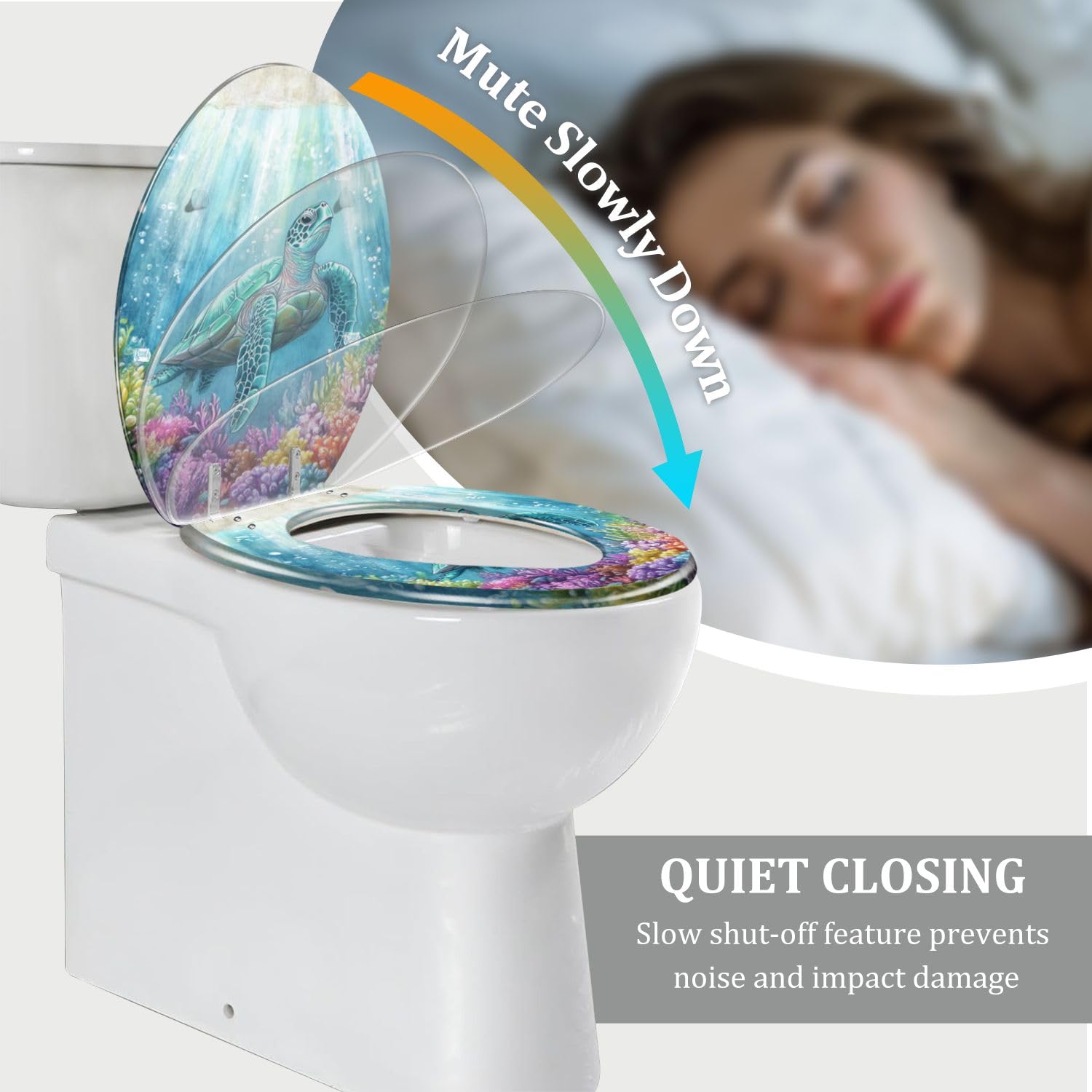 Elongated Resin Toilet Seat with Ocean Turtle Coral Scene, Quiet Close