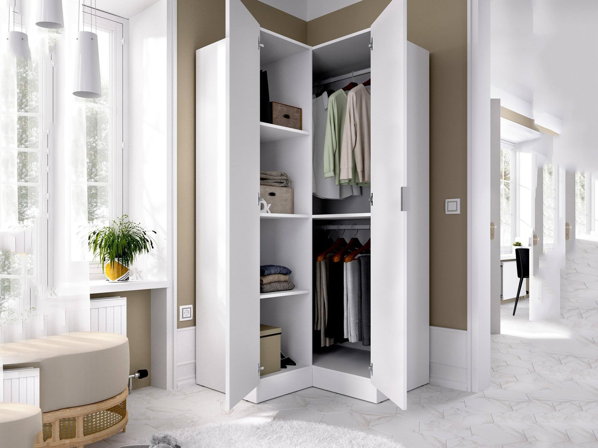 Dmora - Kleiderschrank 2 Türen Elgon, Eckschrank für Schlafzimmer, Eckschrank, 91x93h184 cm, Weiß