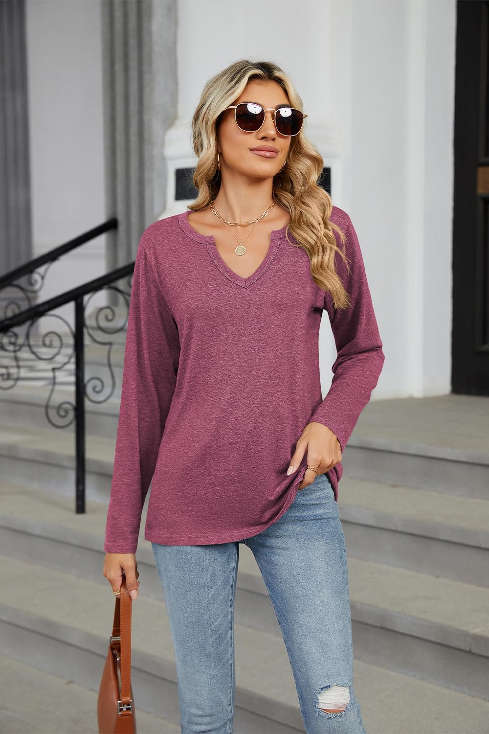 Womens Long Sleeve Shirts V Neck Casual Basic Tees Fall Loose Fit Solid Color Blouse 2025 Trendy Clothes - Image 4