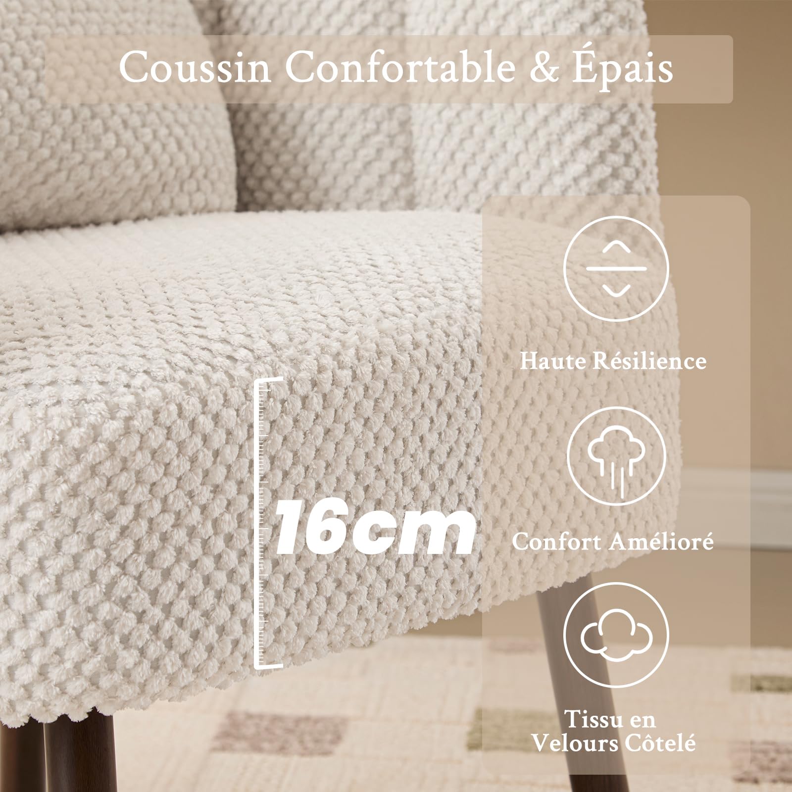 Fauteuil de Salon avec Coussin, Fauteuil Coiffeuse avec Dossier Pétale, Chaise Coquillage avec Pied Bois Chaise Coiffeuse Coussin Confortable pour Salon Bureau Chambre (Beige, Lot de 2)