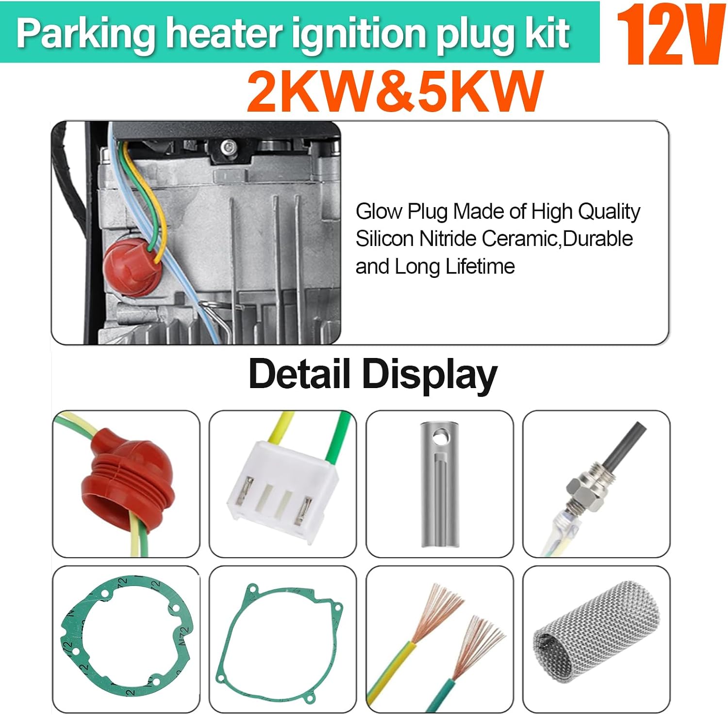 12V Glow Plug Repair Kit,Ignition Plug & Service Tool Set for 5KW-8KW Parking Heater,with Atomizing Net,Washer & Installation Tools,Heater Repair Parts for Car Truck Boat