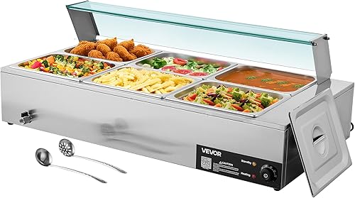 Miniatura 10 de VEVOR Calentador de Alimentos Comercial, Calentador de Alimentos al Vapor Eléctrico de Acero Inoxidable de 1500W con Tapa de Vidrio, 6 Bandejas de