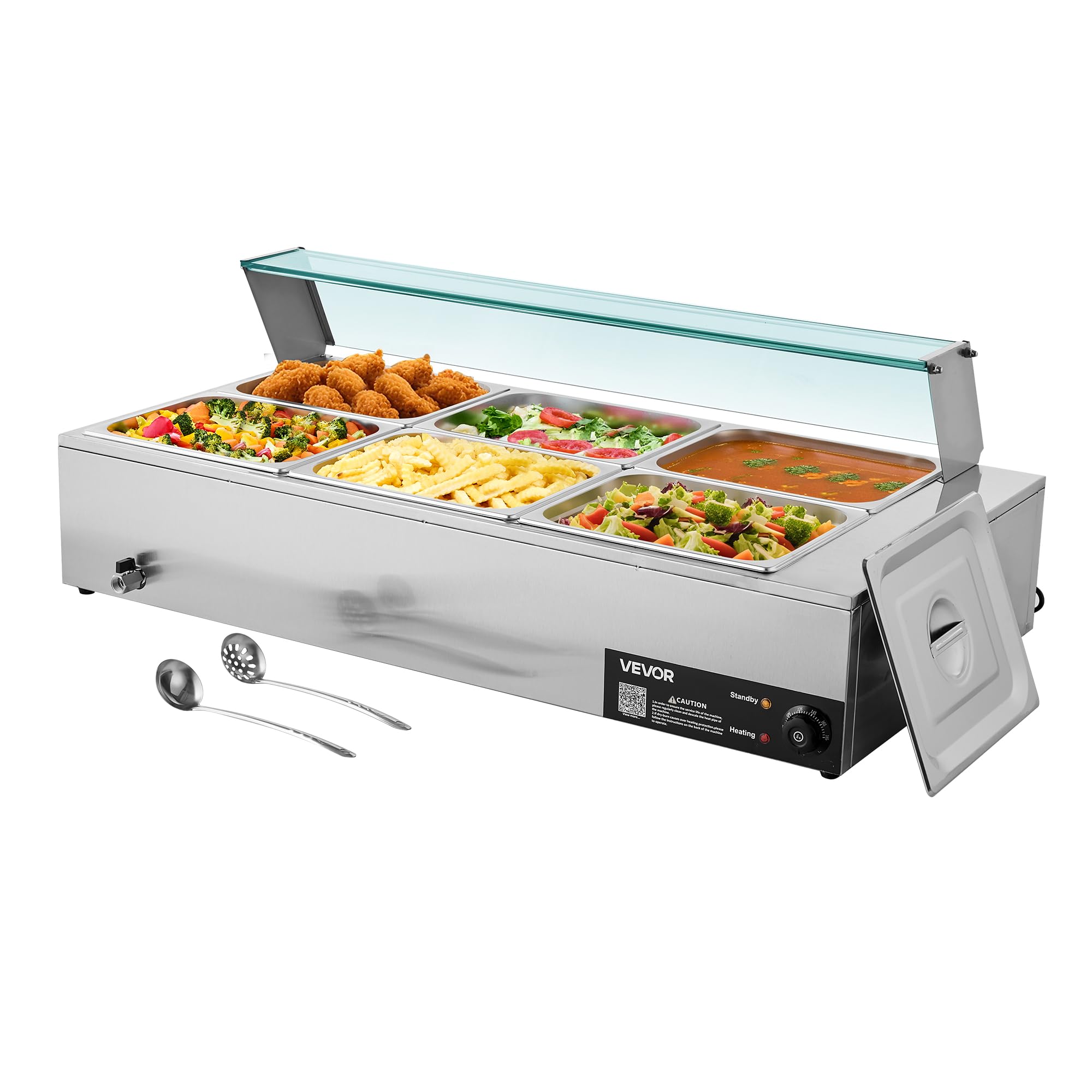 vevor commercial food warmer, 1500w electric stainless steel steam food warmer with glass cover, 6 x 1/2 size pans buffet bain marie with soup & perforated ladles, for catering, restaurant & party (used)