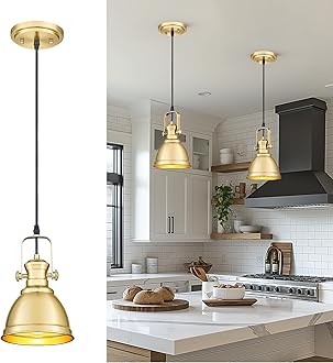 Pendant Lights Kitchen Island, Farmhouse Hanging Lights Fixtures with Metal Shade, Rustic Kitchen Pendant Lighting Over Island for Dining Room, Brushed Gold, AD-2151-1P-GD