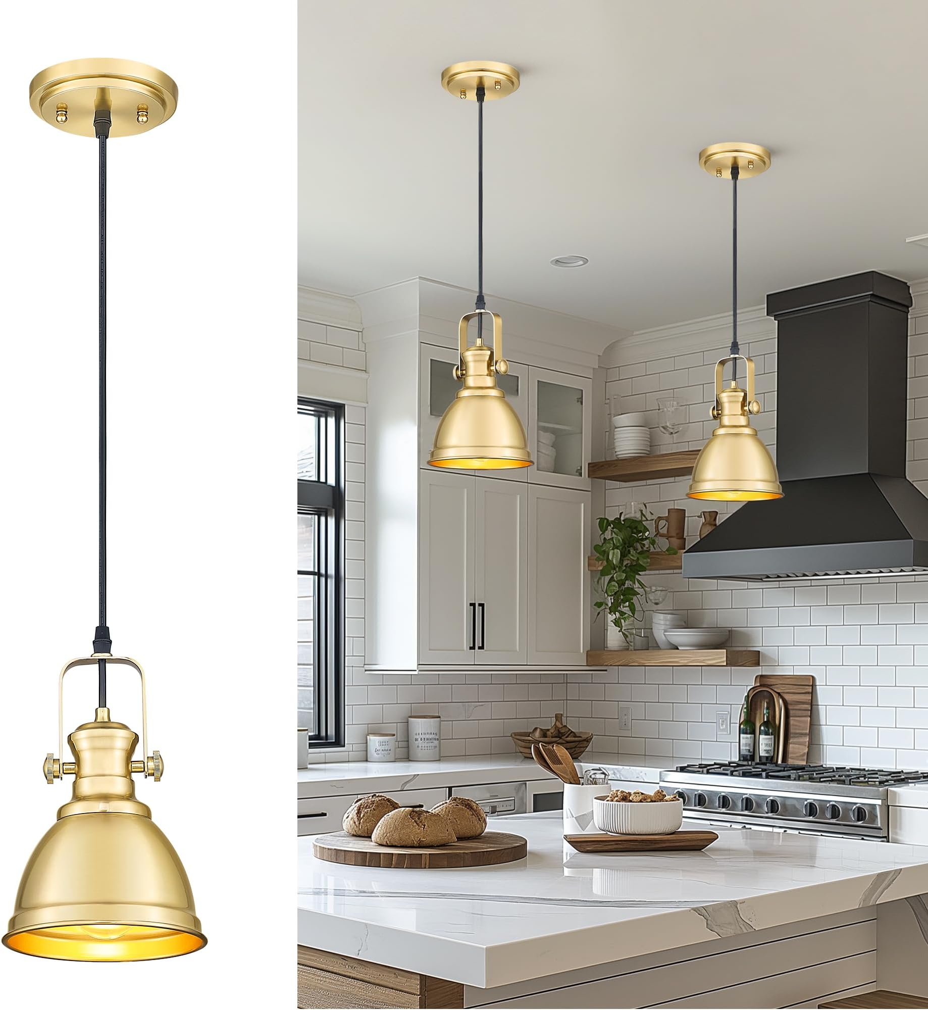 Pendant Lights Kitchen Island, Farmhouse Hanging Lights Fixtures with Metal Shade, Rustic Kitchen Pendant Lighting Over Island for Dining Room, Brushed Gold, AD-2151-1P-GD