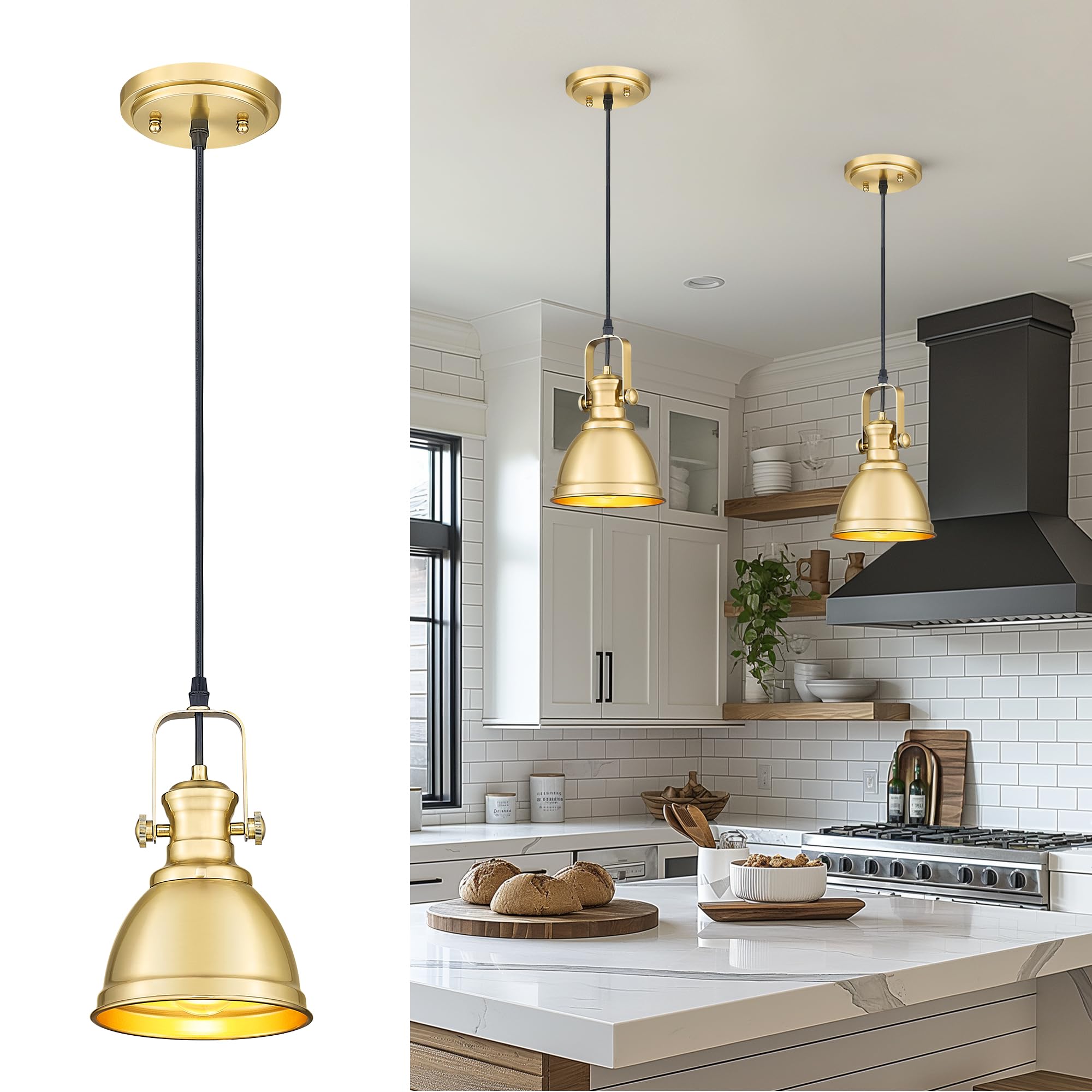 Pendant Lights Kitchen Island, Farmhouse Hanging Lights Fixtures with Metal Shade, Rustic Kitchen Pendant Lighting Over Island for Dining Room, Brushed Gold, AD-2151-1P-GD
