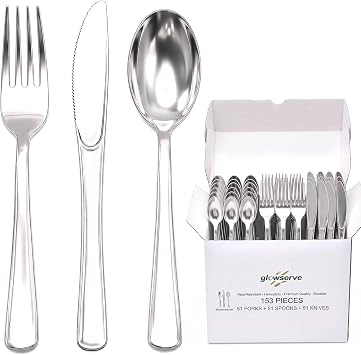 153 Pack Silver Plastic Silverware - Heavy Duty Silverware Set - 51 Forks, 51 Knives, 51 Spoons Plastic Cutlery Disposable for Holiday Party Dinner Wedding Gathering Daily Use