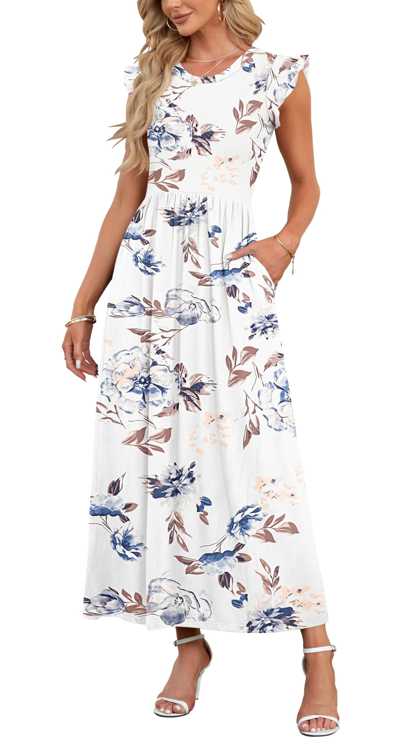 AUSELILY Damen Sommer Rundhalsausschnitt Maxi Kleid mit Taschen Kurzarm und Rüschen Lässiges Hohe Taille Langes Lockeres Bodenlanger Rock