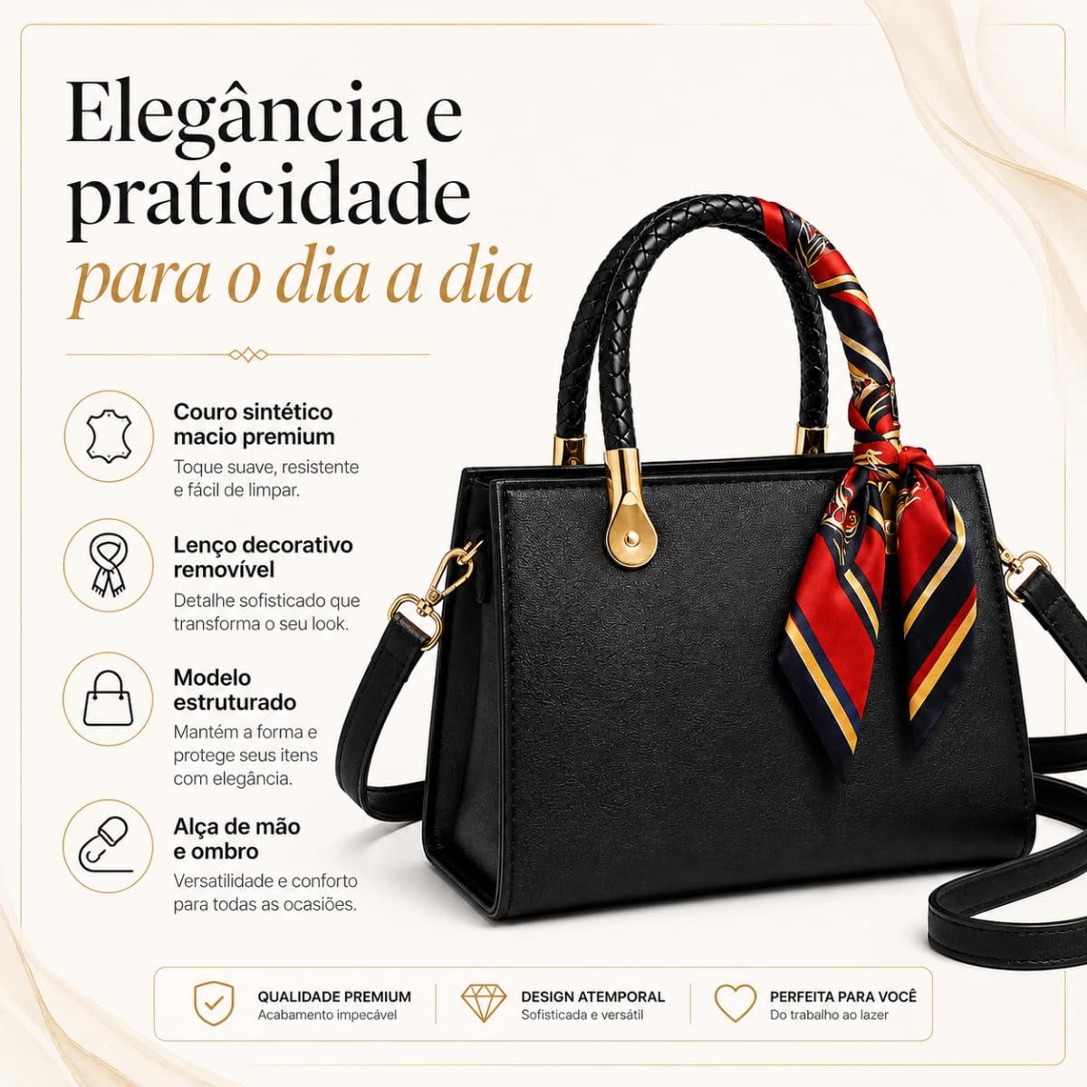 Bolsa Feminina Couro Sintético com Lenço Decorativo, 3 Compartimentos, Alça de Ombro Removível Bolsa Feminina Couro Sintético com Lenço Decorativo, 3 Compartimentos, Alça de Ombro Removível - Imagem 5