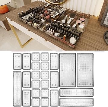 Meleni Home Multi Set of 24 - Drawer Organizer - Bathroom Makeup and Jewelry Organizer Black