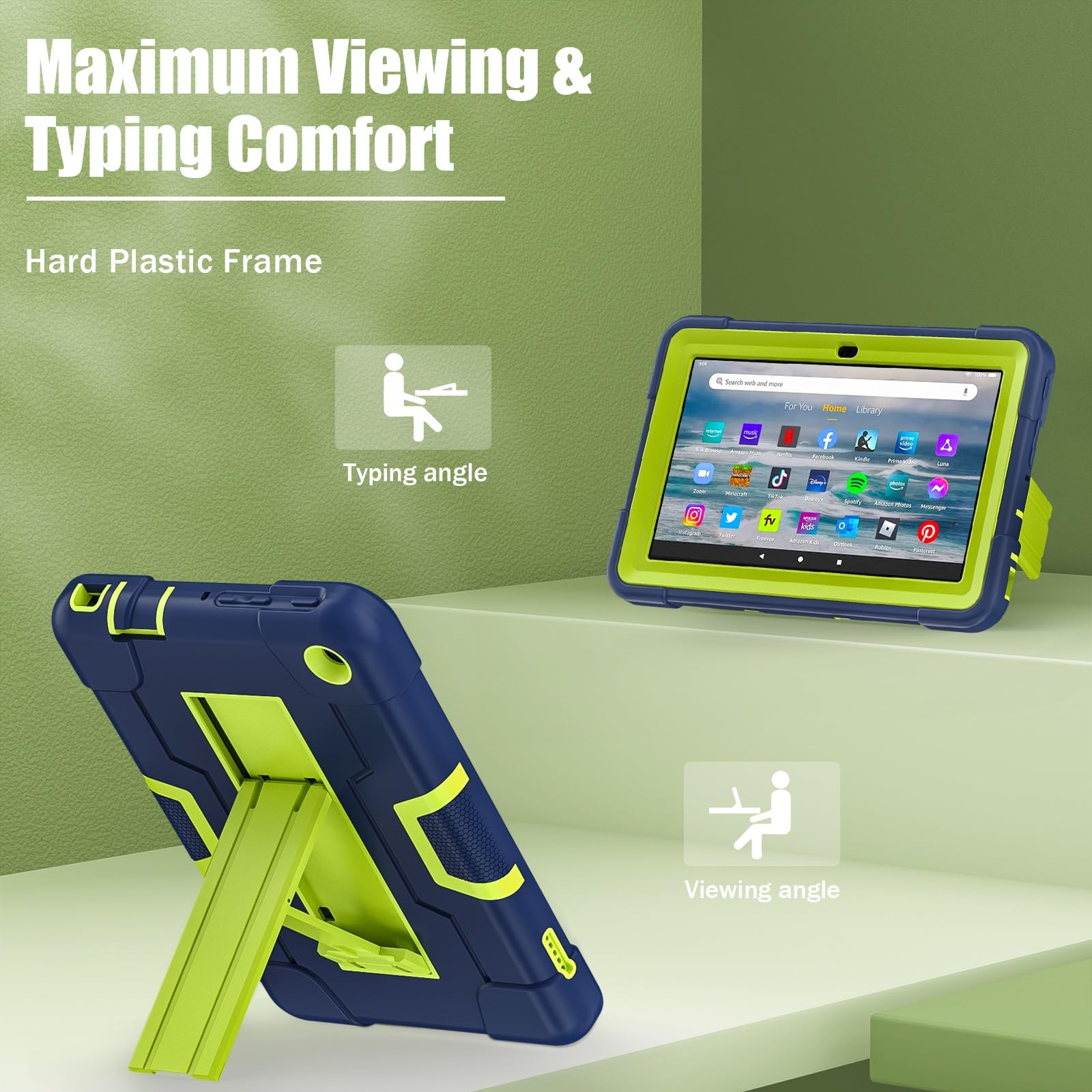 Etui ochronne kompatybilne z etui Kindle Fire 7 2022 Silikonowe na tablet podpórką, wytrzymała, odporna wstrząsy obudowa Wytrzymała osłona ochronna kompatybilna(Navy Blue+Qlivine)