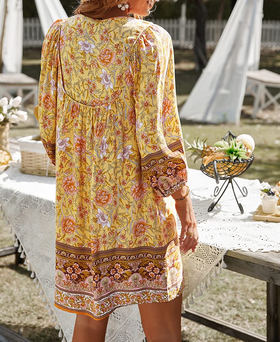 Robe d'été courte pour femme - Style bohème - Robe à fleurs - Robe trapèze