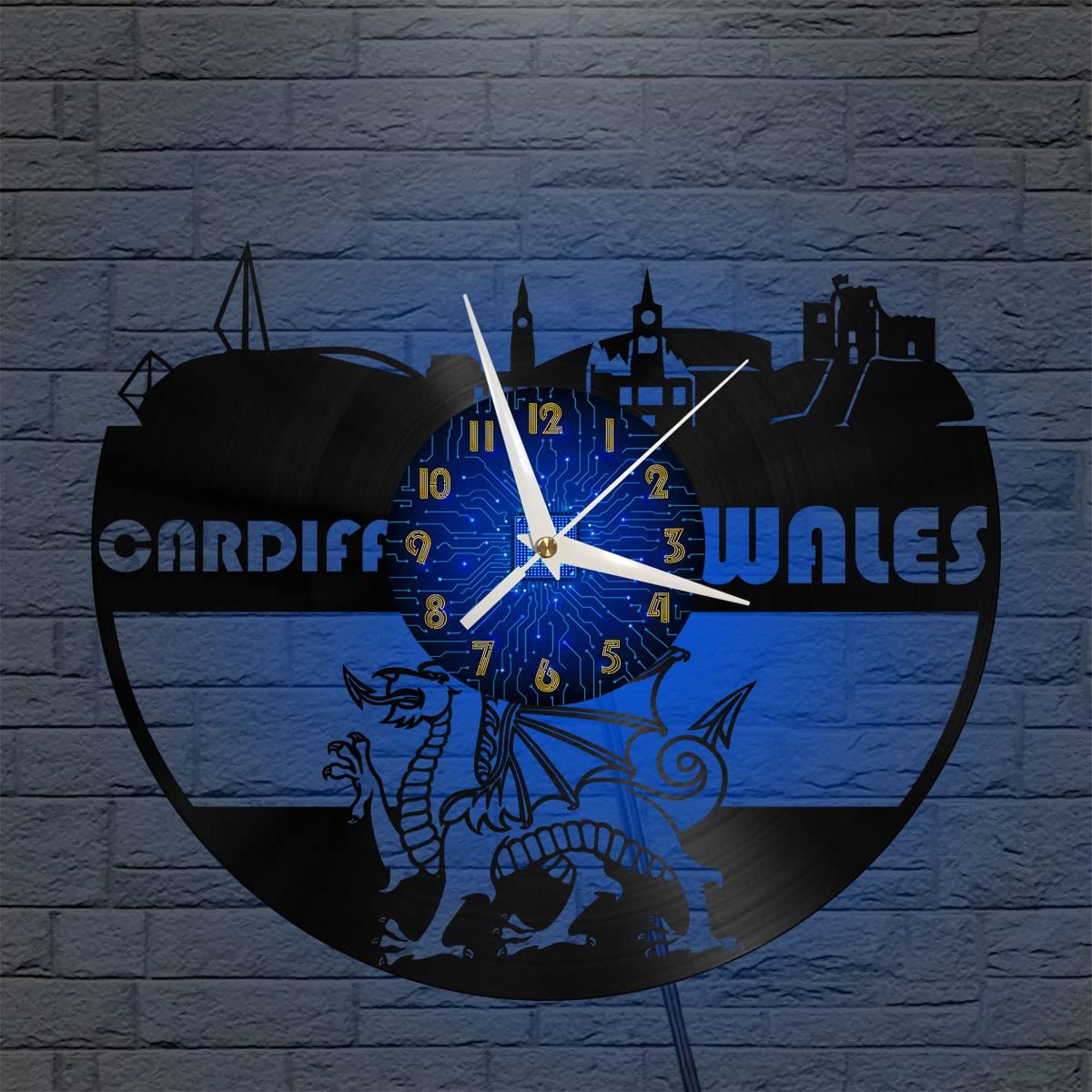 Horloge murale en vinyle cadeau créatif salon et chambre motif Cardiff avec LED