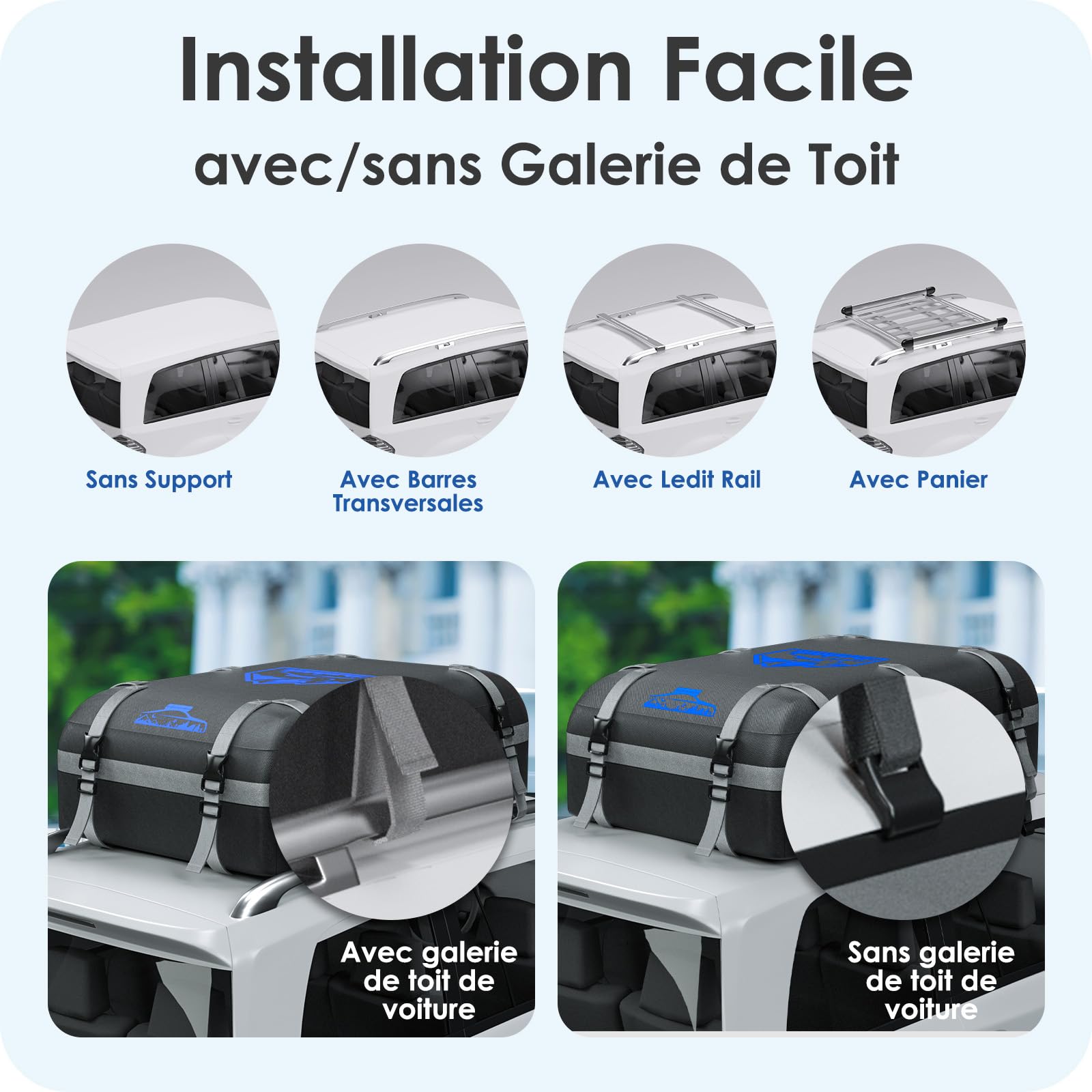 Coffre de Toit Voiture 20CFT/566L, Coffre de Toit Voiture étanche 1000D Oxford, Coffre de Toit Avec Tapis Antidérapant et 10 Sangles D'arrimage, Coffre de Toit Plegable con/sin Bacas