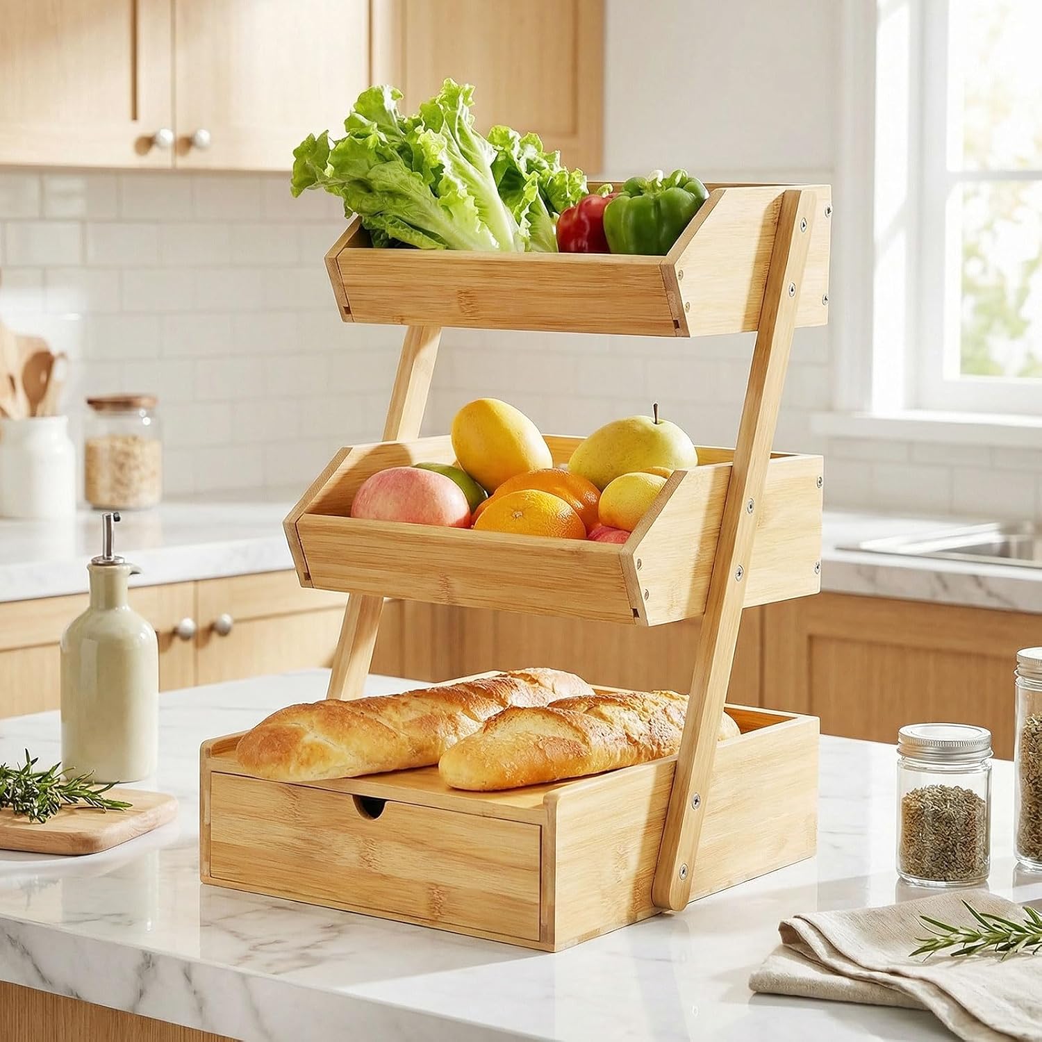Wood Countertop Coffee Station 3 Tier Bamboo Syrup Rack Organizer Bamboo Fruit Basket with Drawer Pull out Tiered Basket for Vegetables Bread Snacks Coffee