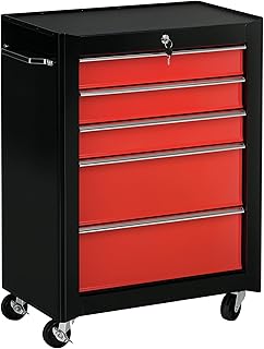 5-Drawer Lockable Steel Tool Storage Cabinet with Wheels Handle 2 Keys Organisation Box Unit Chest Garage DIY Workshop Trolley Red