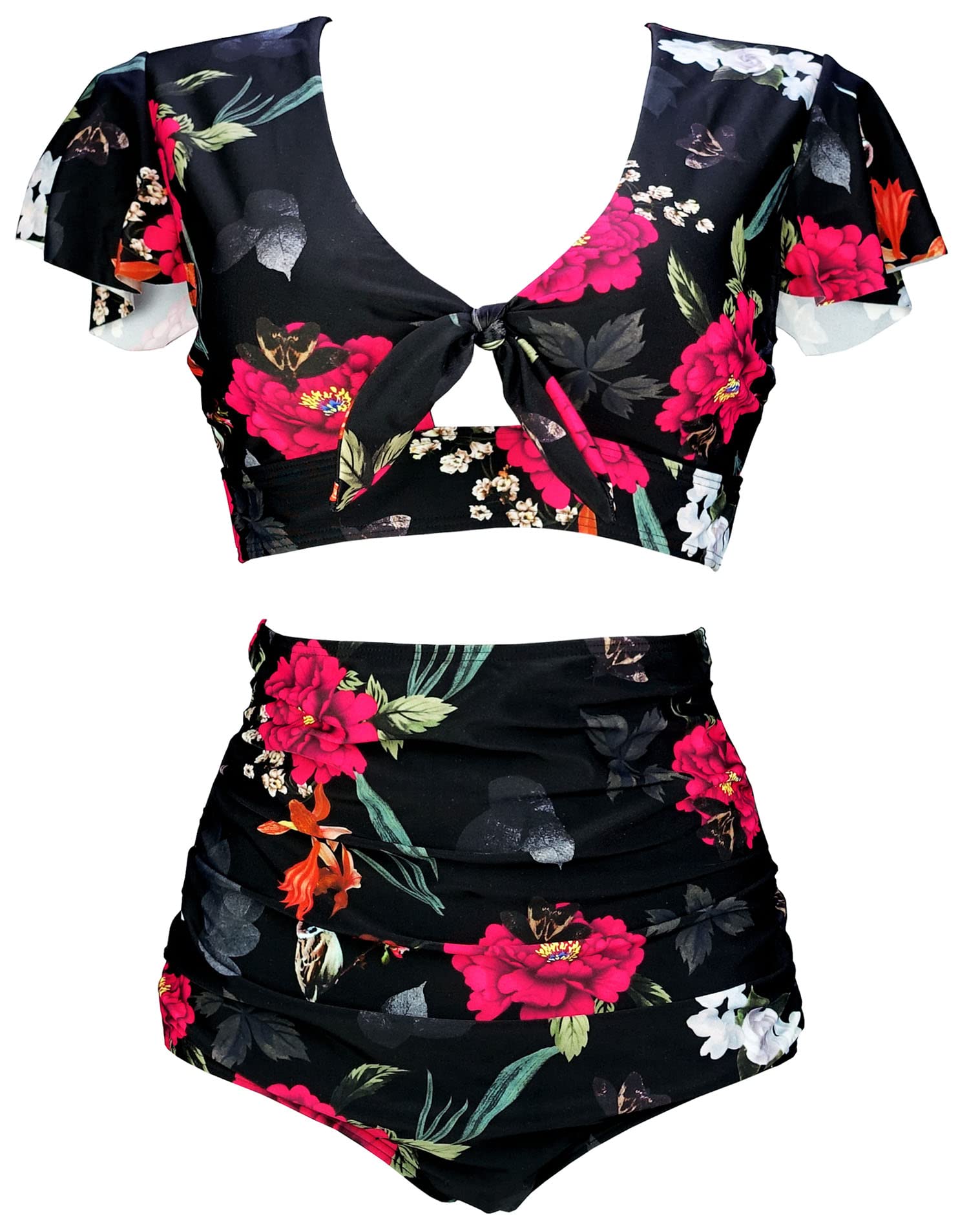 Photo 1 of *partiel set COCOSHIP Sparrow & Red Lightcyan Floral High Waist Ruching Bikini Set Tie Front Short Sleeve Top Ruffle Bath Swimwsuit 10