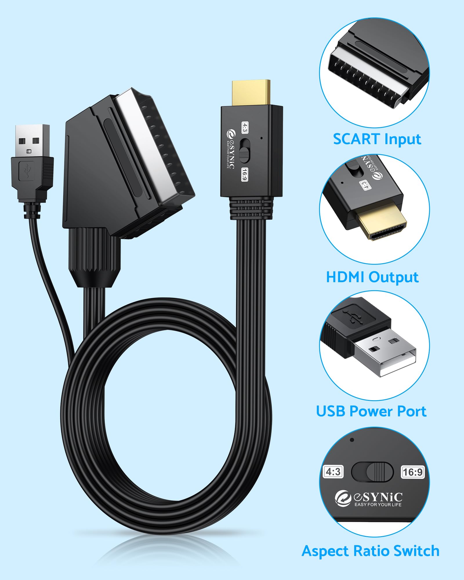 eSynic Convertisseur SCART vers HDMI 1080P avec Câble 1,5m pour TV Moniteur Supporte 3D Commutation 4:3/16:9 Compatible avec Wii PS1 PS2 N64 Xbox DVD Players VCR