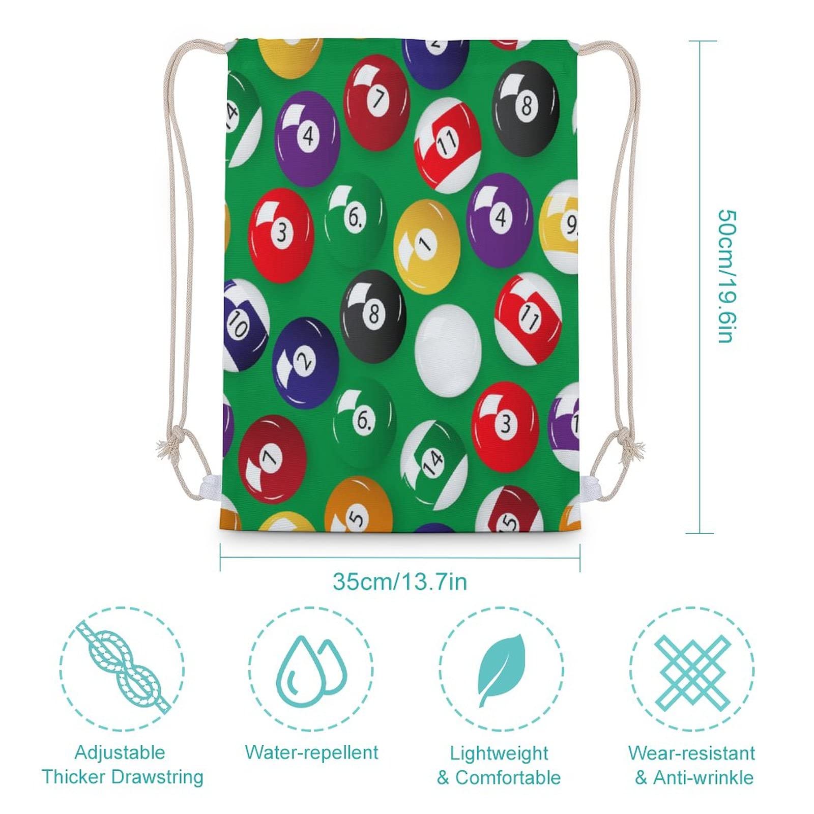 Billiards Pool Table Balls Drawstring Canvas Bag Gym Backpack Sack String Shoulder Bag for Shopping Beach College 35x50cm