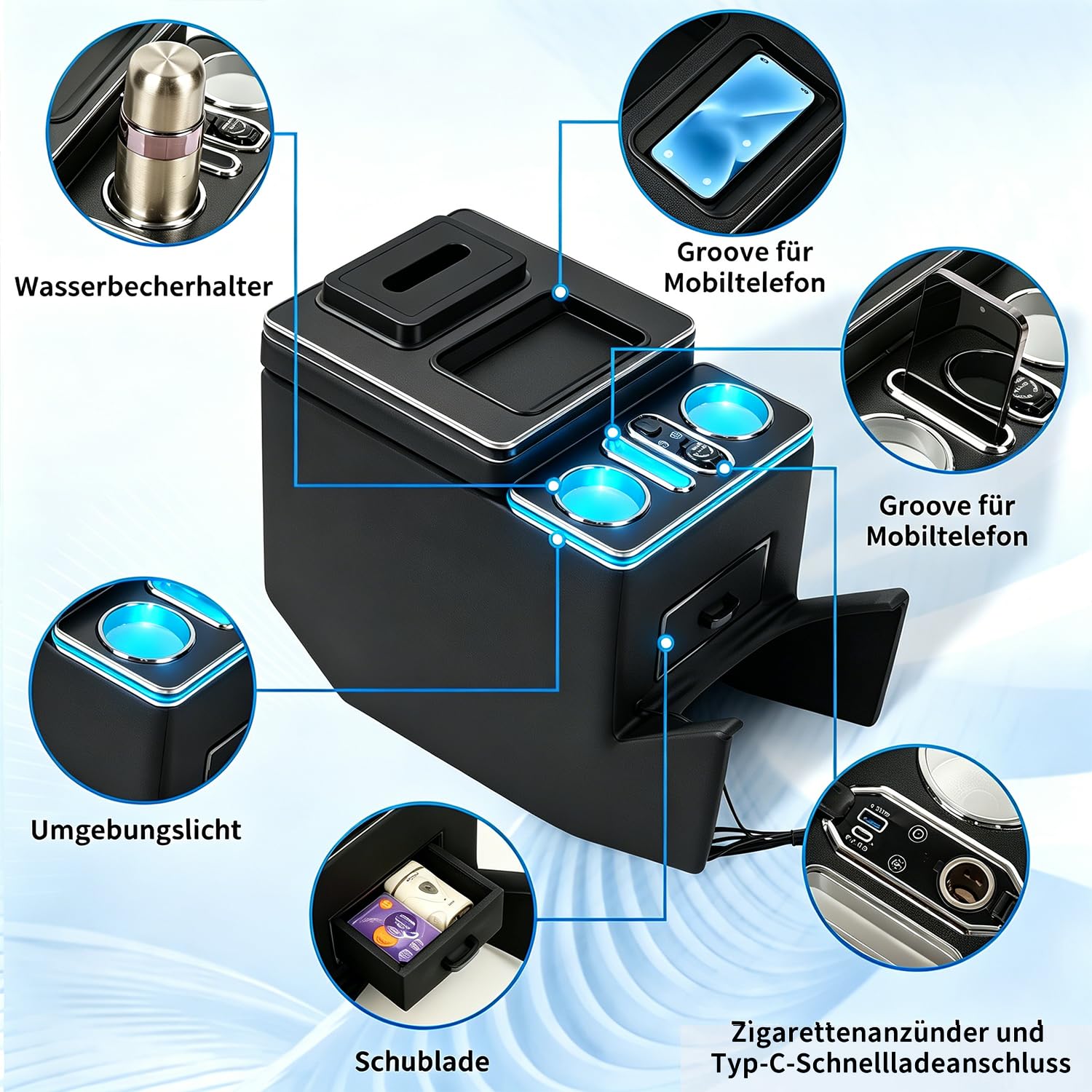 Armlehnenbox Aufbewahrungsbox mit 7-farbigem Umgebungslicht und 4 Helligkeitsstufen passend und Exklusive Fahrerschublade für Mercedes-Benz V-Klasse V220 V260 V250 W447 [EU-Patent]