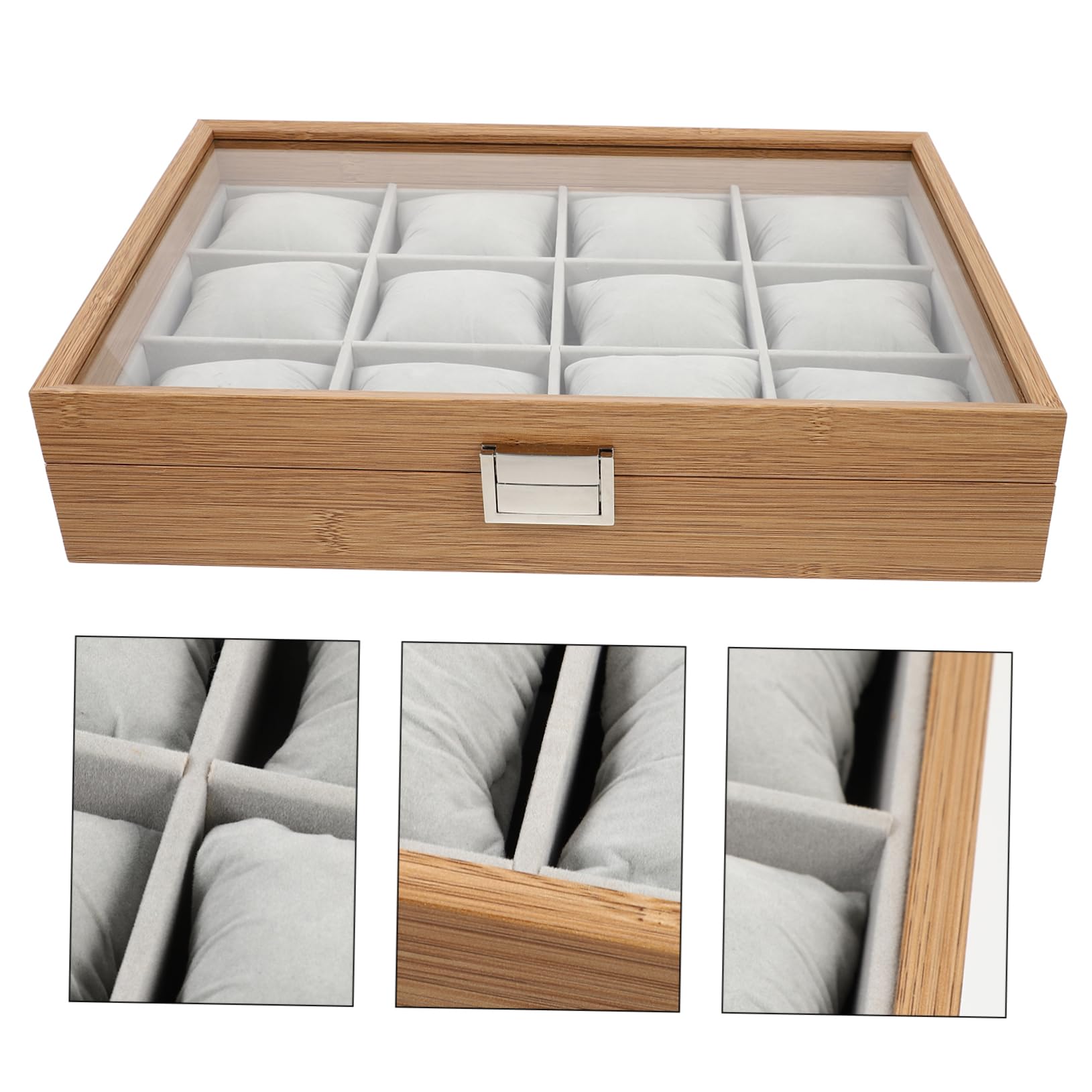 SOIMISS Bandeja De Madera Para Relojes 12 Compartimentos Organizador De Joyas Vitrina Con Tapa Transparente