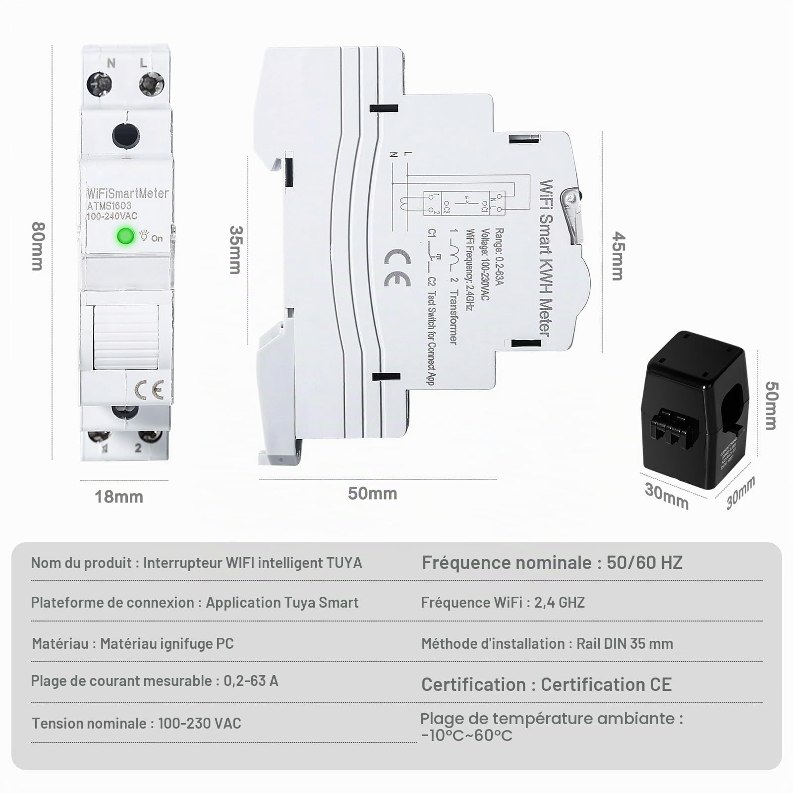 Jadeshay Compteur Électrique, ATMS1603 Tuya WIFI Compteur d'Énergie Intelligent Commutateur de Télécommande Compteur Electrique Consommation avec Surtension et Sous-Tension AC220V