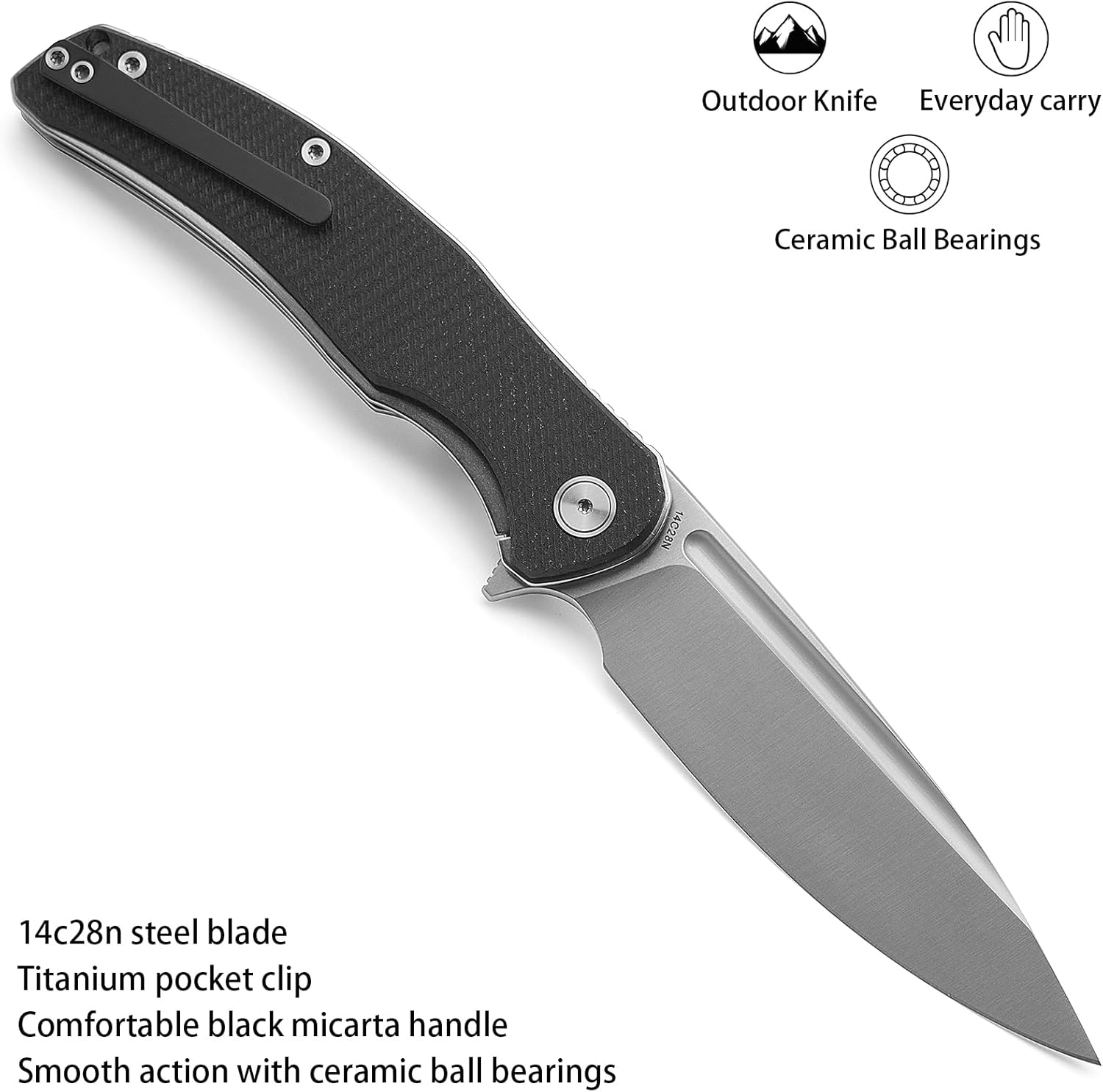 M Miguron Velona Flipper Folding Knife 4.03" Satin 14c28n Blade Black Micarta Handle With Titanium Pocket Clip Camping Hiking Pocket Knife MGR-8003MWBK