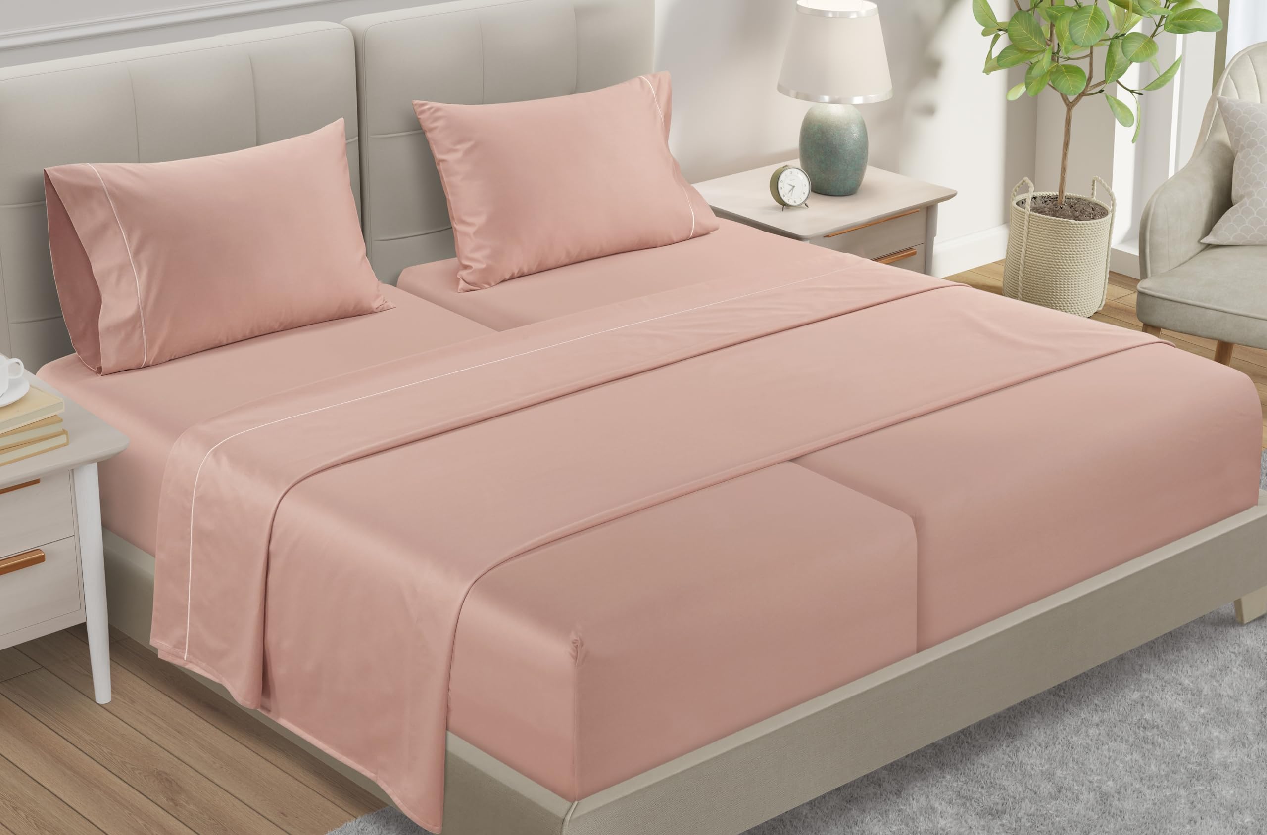 Split King Sheets Deep Pocket, 100% Egyptian Cotton Sheets for Split King Size Bed, 800TC Luxury Soft & Breathable Naturally Cool Fully Elasticated Fitted Sheet, No Pill Fade Resistant – Sepia Rose