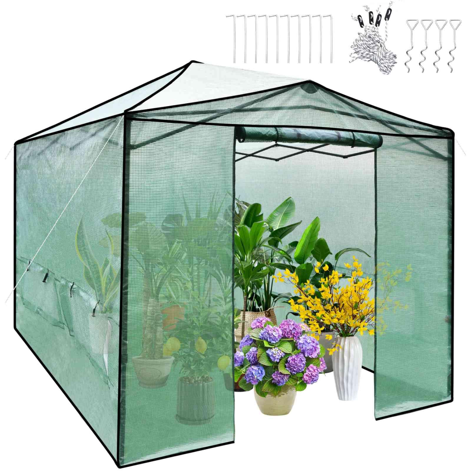 TANGZON Walk-in Greenhouse, 364 x 243 x 230cm Portable Pop-up Green House with PE Cover, Roll-up Windows & Doors, Folding Steel Frame Garden Plant Flower Vegetable Grow House