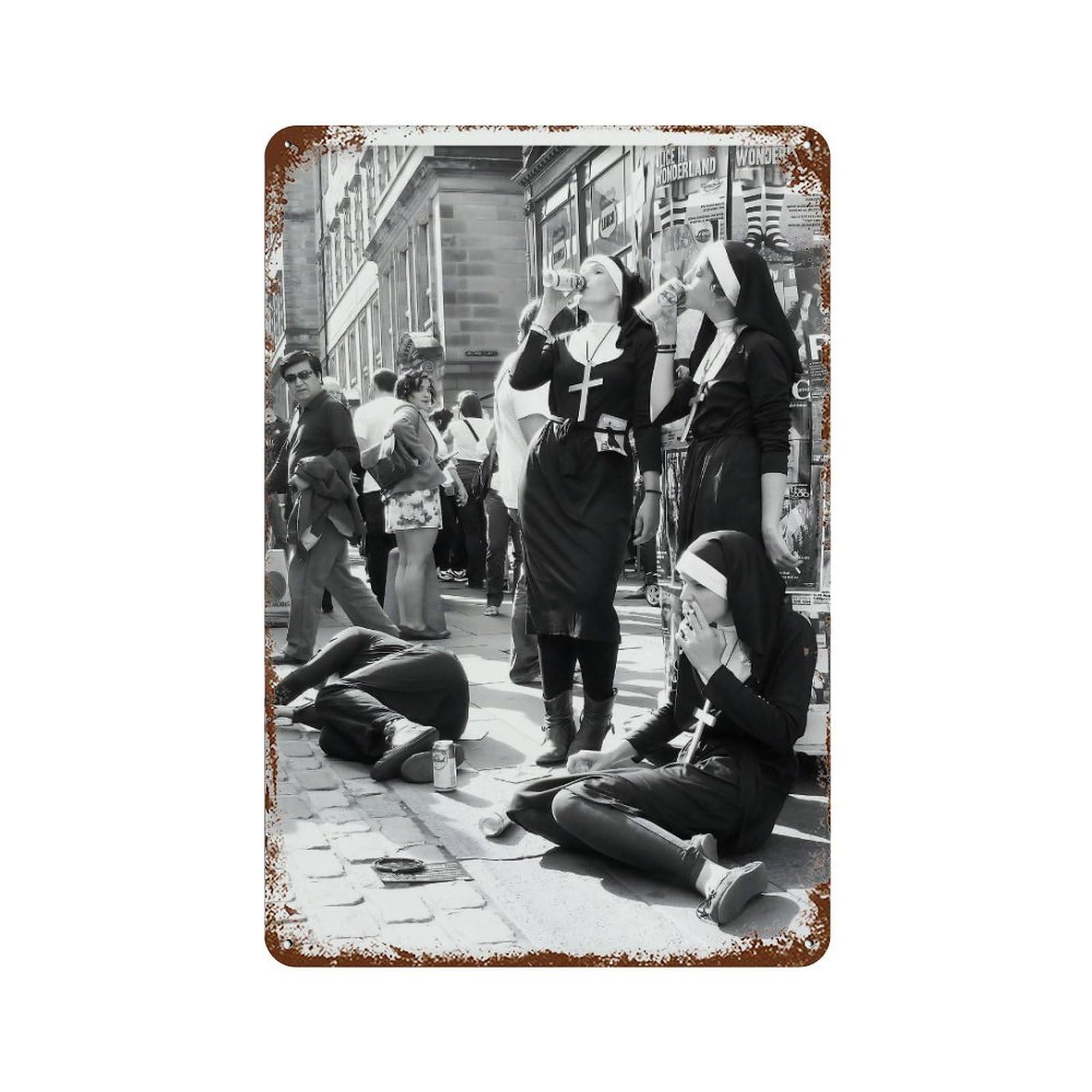 xiaoxiaoshen Nuns Drinking Poster Wall Decor Art Metal Tin Poster Modern Home Decor Art Home Bar Shop Decorations Vintage Sign 30x20cm
