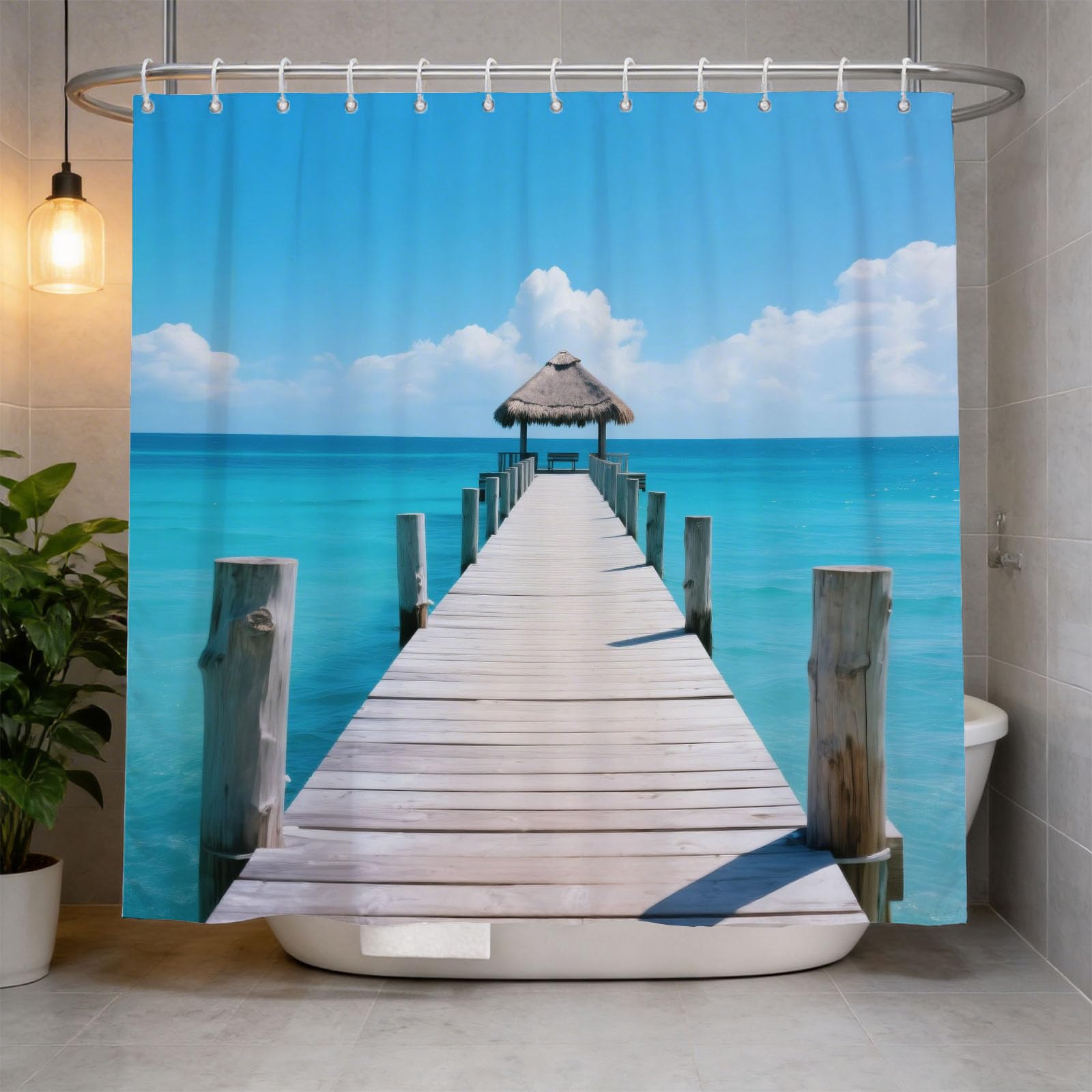 Hongduo 3D Ocean Surf Pier Shower Curtain for Stalls Bathtubs Ocean Landscape Bathroom Decor Shower Curtain Set Polyester Fabric Waterproof 180x180cm/71X71 Inch with Hooks