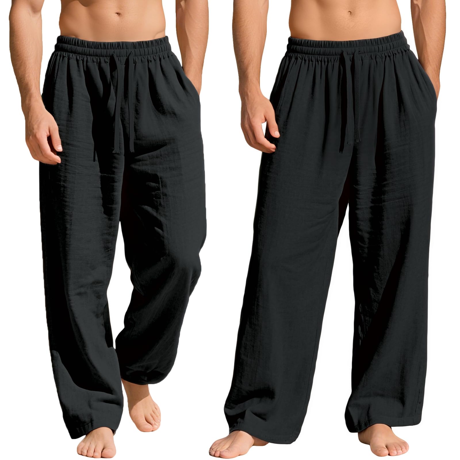 Nuofengkudu Hombre Algodon Lino Pantalones Ancho Verano Holgados Ligero 3 Bolsillos Cordón Cintura Elastica Yoga Pantalon Casual Playa Relajados Vacaciones