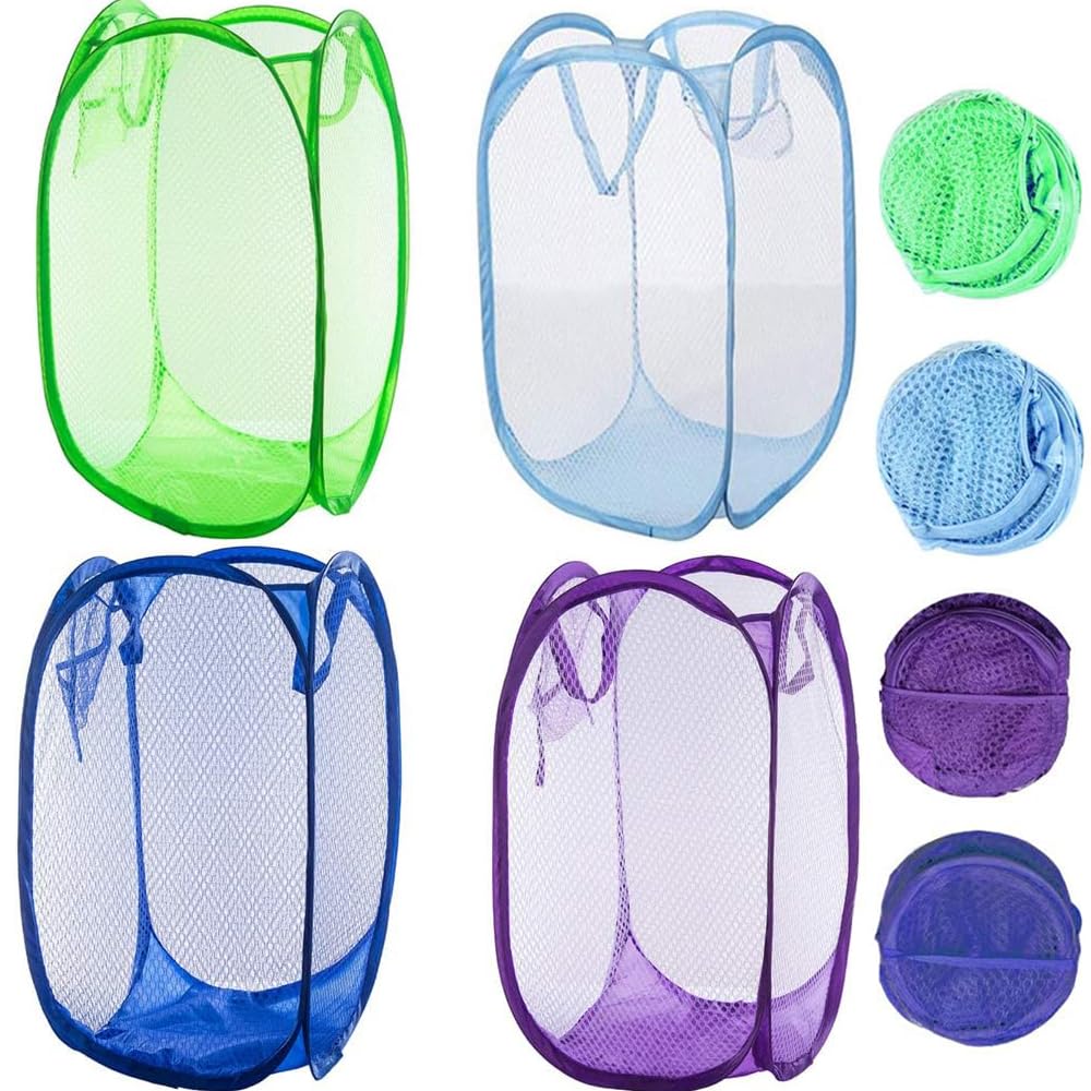 Qtopun Mesh Popup Laundry Hamper, 4 Pack Foldable Portable Dirty Clothes Basket for Bedroom, Kids Room, College Dormitory and Travel (Light Blue,Green,Purple,DarkBlue)