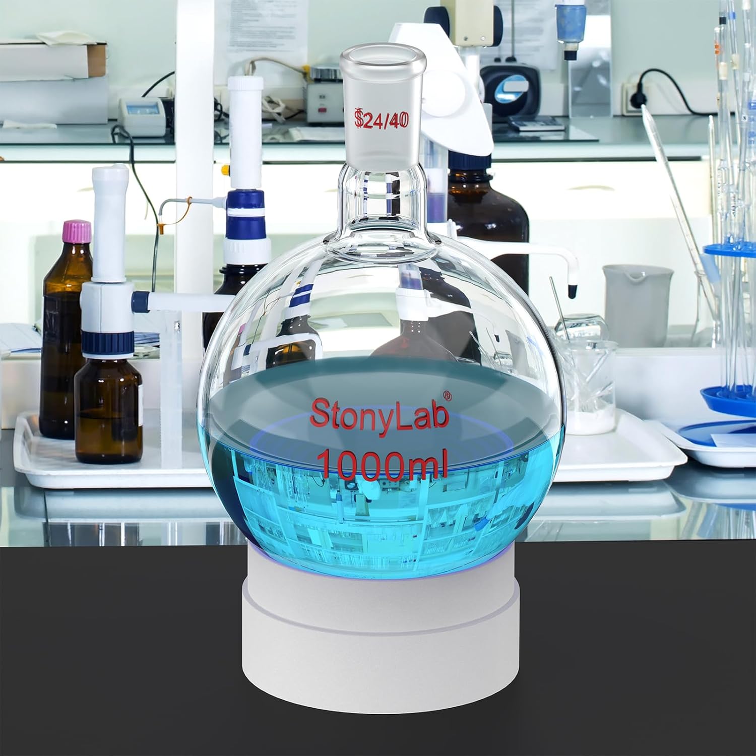 StonyLab 1000ml Glass Single Neck Round Bottom Flask RBF, with 24/40 Standard Taper Outer Joint - 1L (1 Liter)