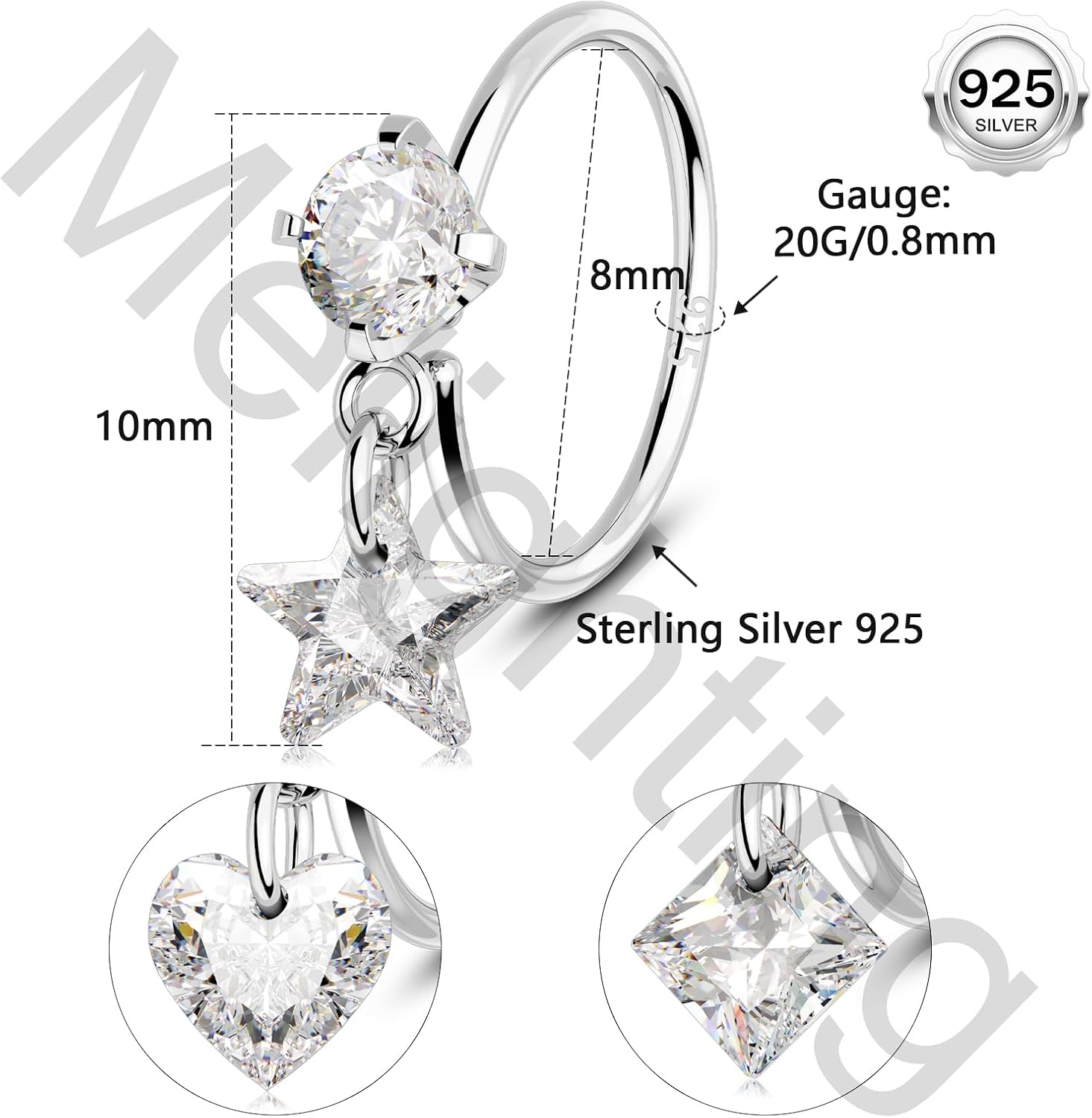 Melighting 20G Nose Hoop Ring 925 Sterling Silver Seamless Open Nose Piercing Dangle Star/Square/Heart Helix Earring Clear CZ 8 mm Cartilage Earring Nose Ring