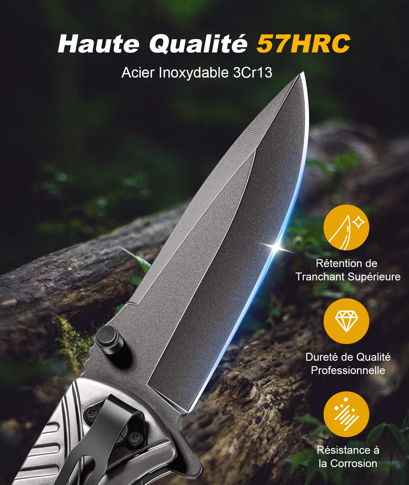 ISEYOU Couteau Pliant Acier Inoxydable 3Cr13 Revêtue Titane Brise-Vitre Survie EDC