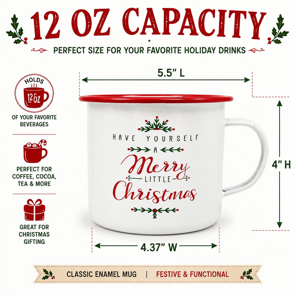 Wowser Merry Little Christmas - Taza de Desayuno, esmaltada, Color Rojo y Blanco, 3 3/4 Pulgadas de Alto