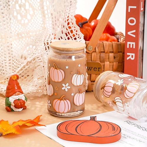 Miniatura 4 de Whaline Paquete de 2 vasos de otoño de 16 onzas con diseño de calabaza, flor y estrella, taza de café helado de calabaza rosa y blanca con tapa,