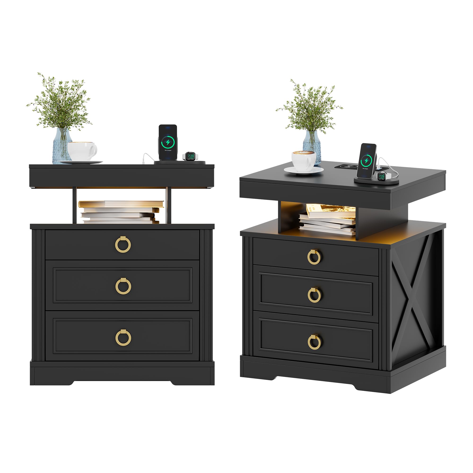 MDGC Nightstand 2 Set with Gun Drawer,LED Bedside Table with Charging Station,Modern Gun Night Stand with Human Sensor Design,Smart End Table for