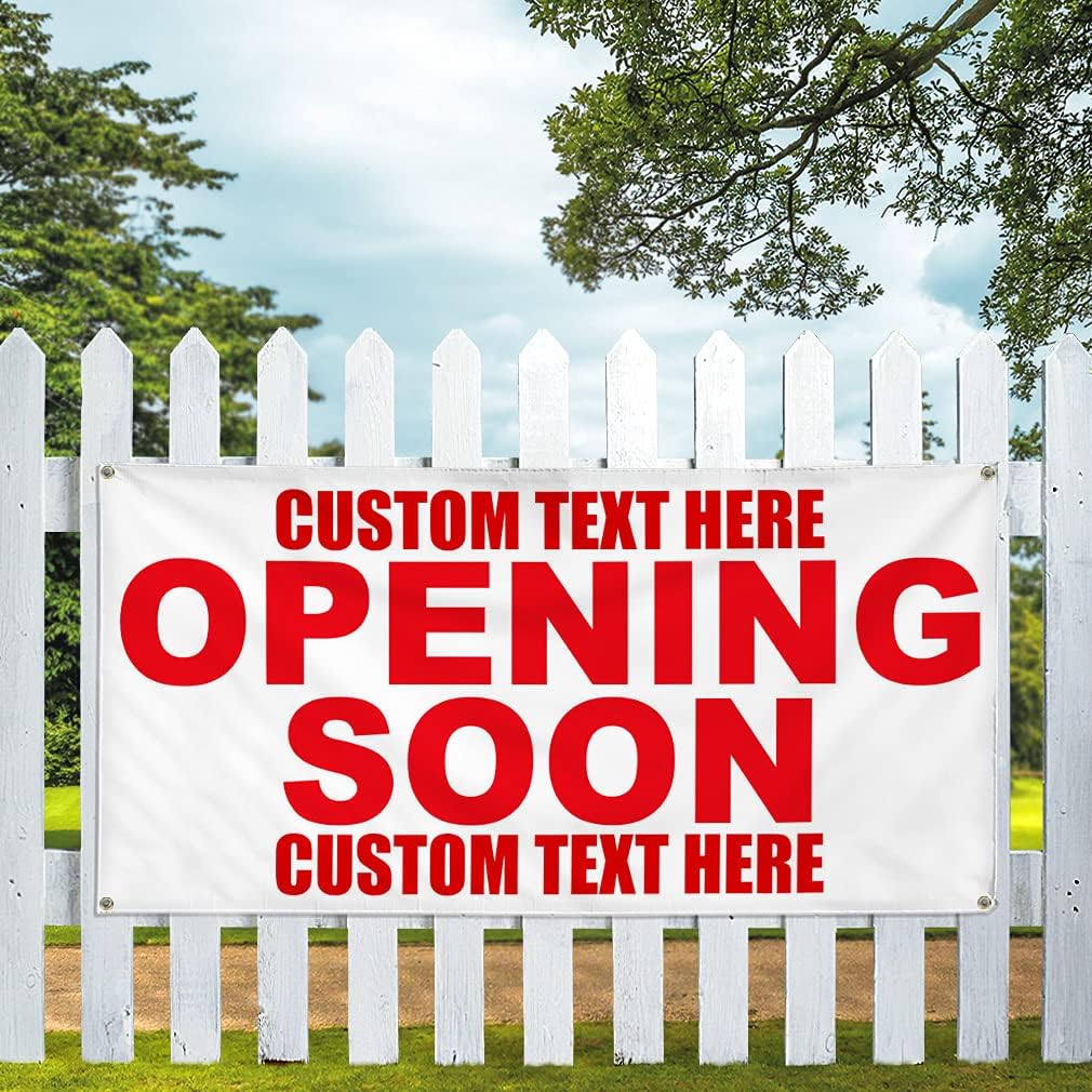 Custom Vinyl Banner Multiple Sizes Opening Soon Red Coming Soon Outdoor Weatherproof Industrial Yard Signs 4 Grommets Personalized Text Here 24x36Inches