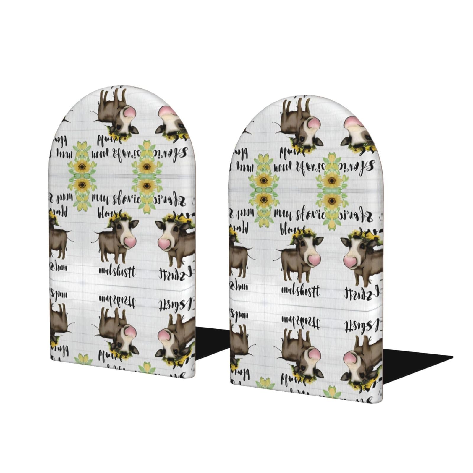 Cow Sunflower House Stylish Bookends with Full-Print Design Durable Wooden and Metal Bookend Set for Home, Office