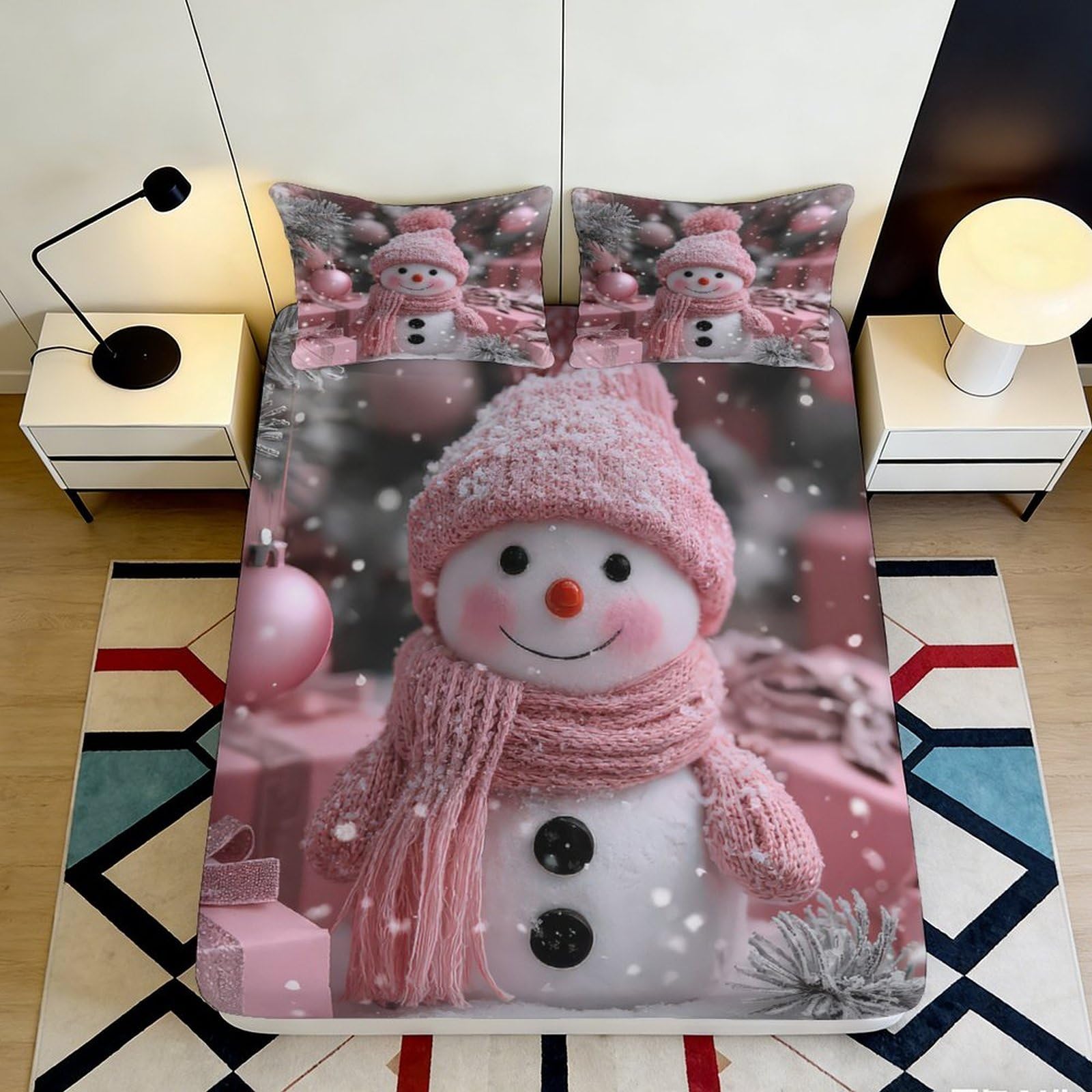 3D Printed Pink Snowman Fitted Sheet Microfiber Soft Winter Festival Bed Cover for Bedroom Guest Room Decor 90x200x25cm