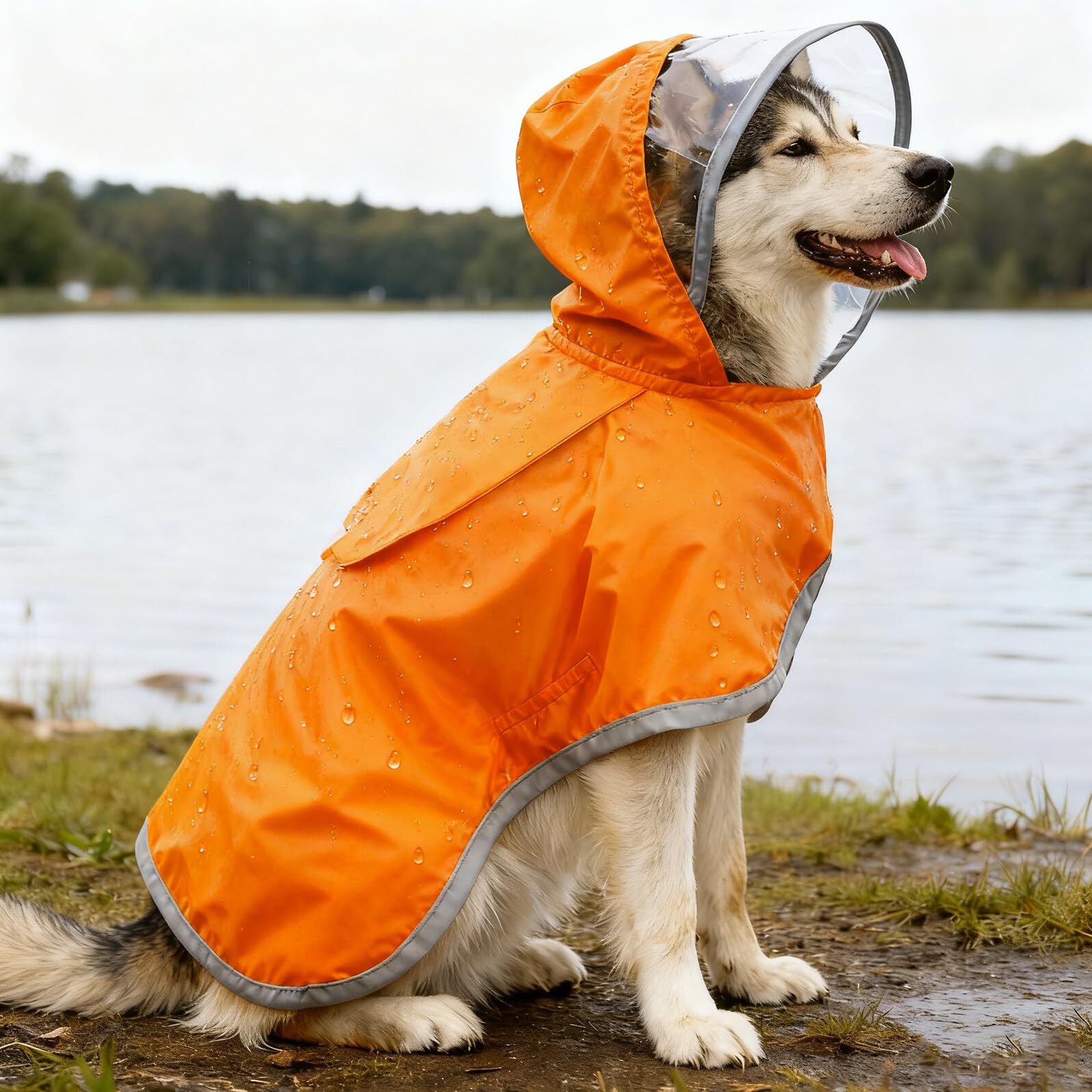 Chubasquero para Mascotas Ajustable con Capucha y Banda Reflectante Naranja XXL para Perros Grandes Poncho de Lluvia con Orificio para Correa Adecuado para Paseos Nocturnos y