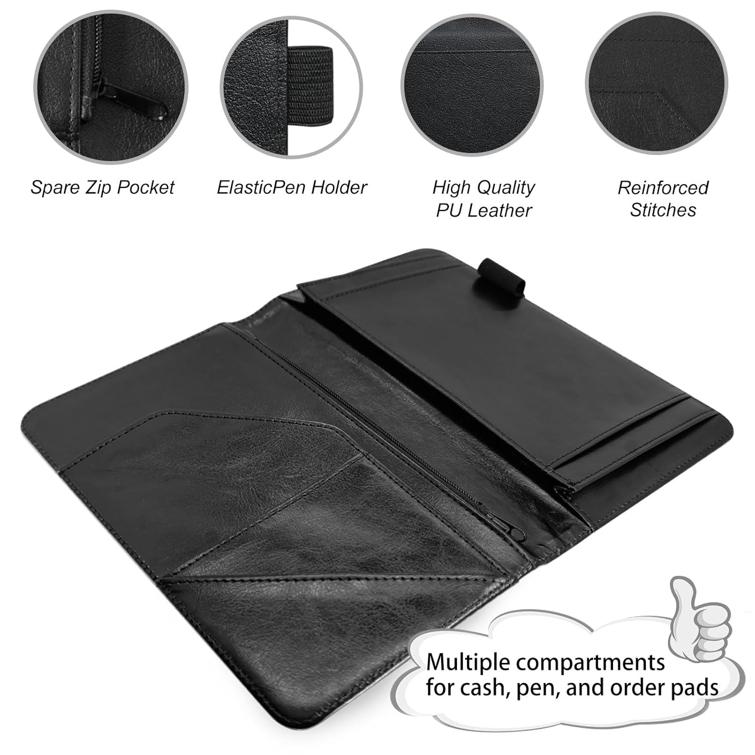 Server Book for Waitress – PU Leather Cute Server Organizer with Zipper Pocket, Card & Money Holder, Pen Loop – Fits Apron – Waitress Book for Servers, Excited Cat