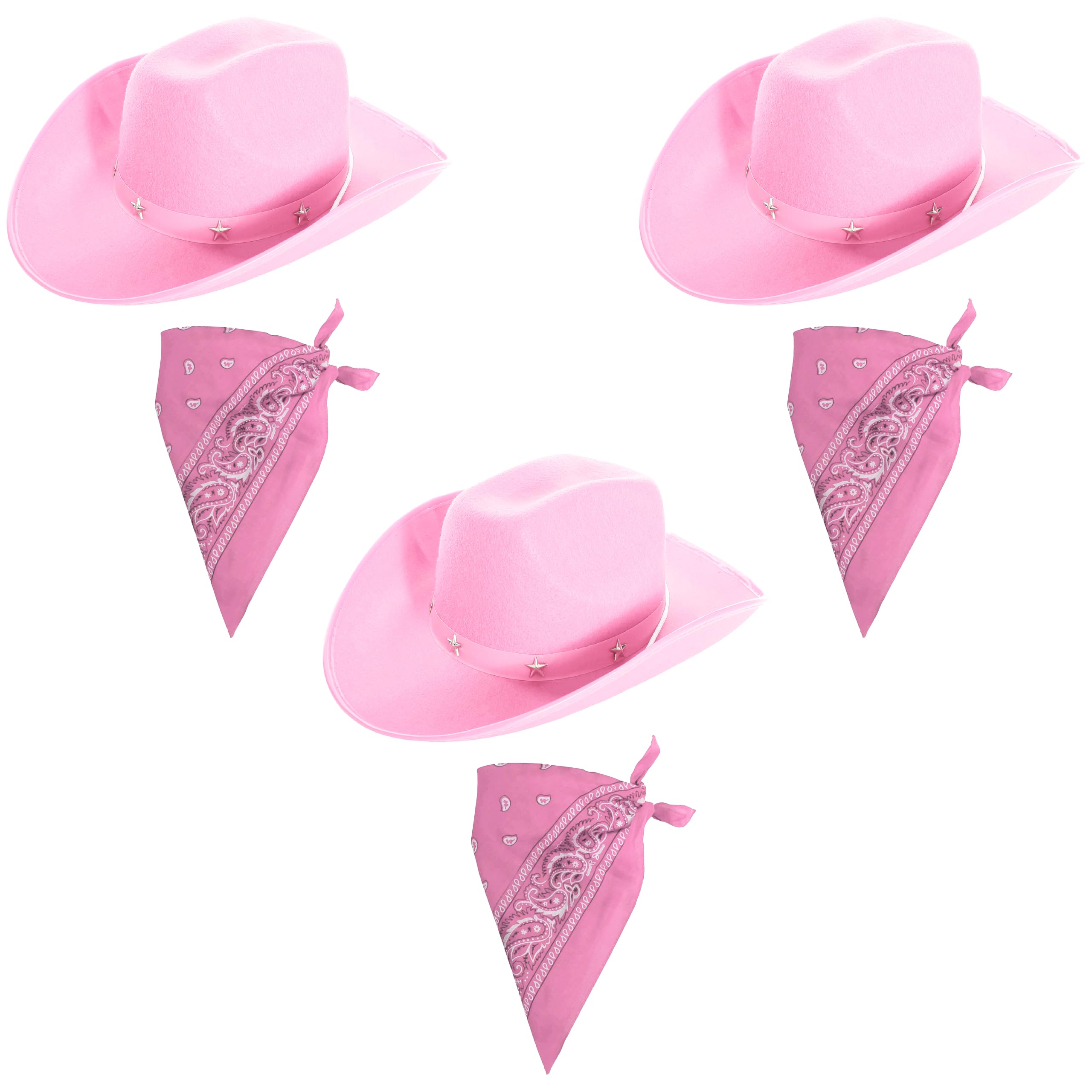 Adults Pink Cowboy Accessory Set - Pack of 3 - Pink Star-Studded Cowboy Hat + Matching Paisley Bandana - Ladies Hen Night Cowgirl Western Fancy Dress Costume Accessory Set